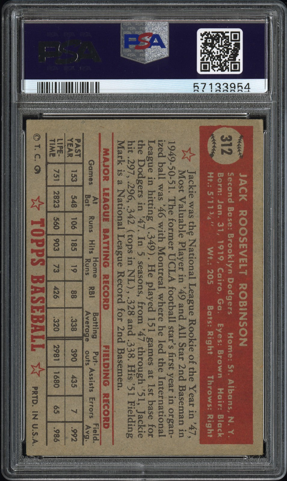1952 Topps Jackie Robinson #312 PSA 3