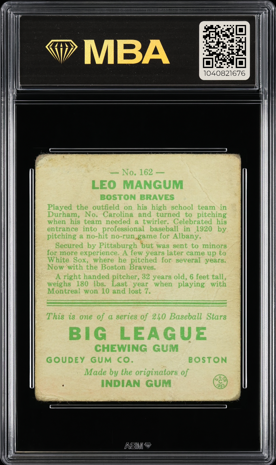 1933 Goudey Leo Mangum #162 MBA 1