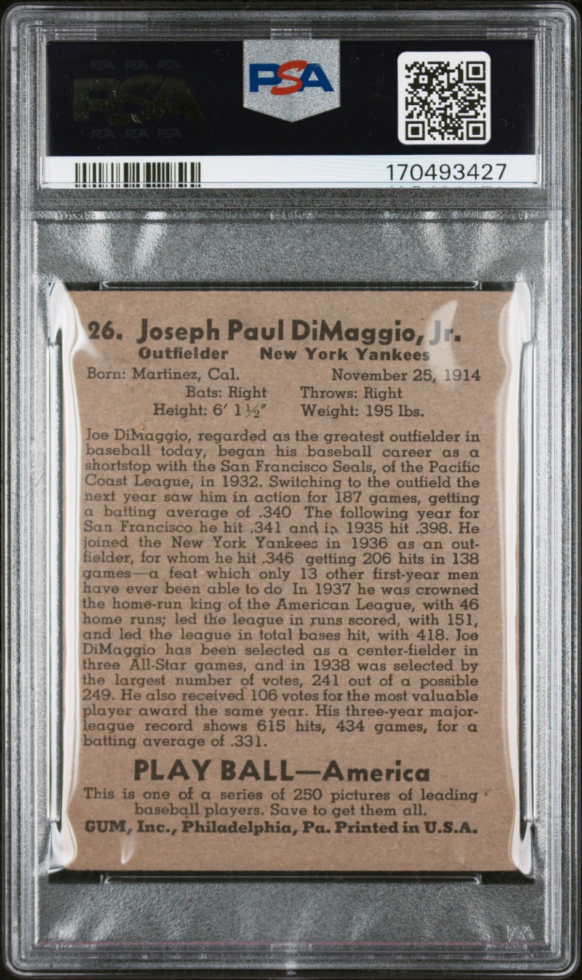 1939 Play Ball Joe Dimaggio #26 PSA 1.5