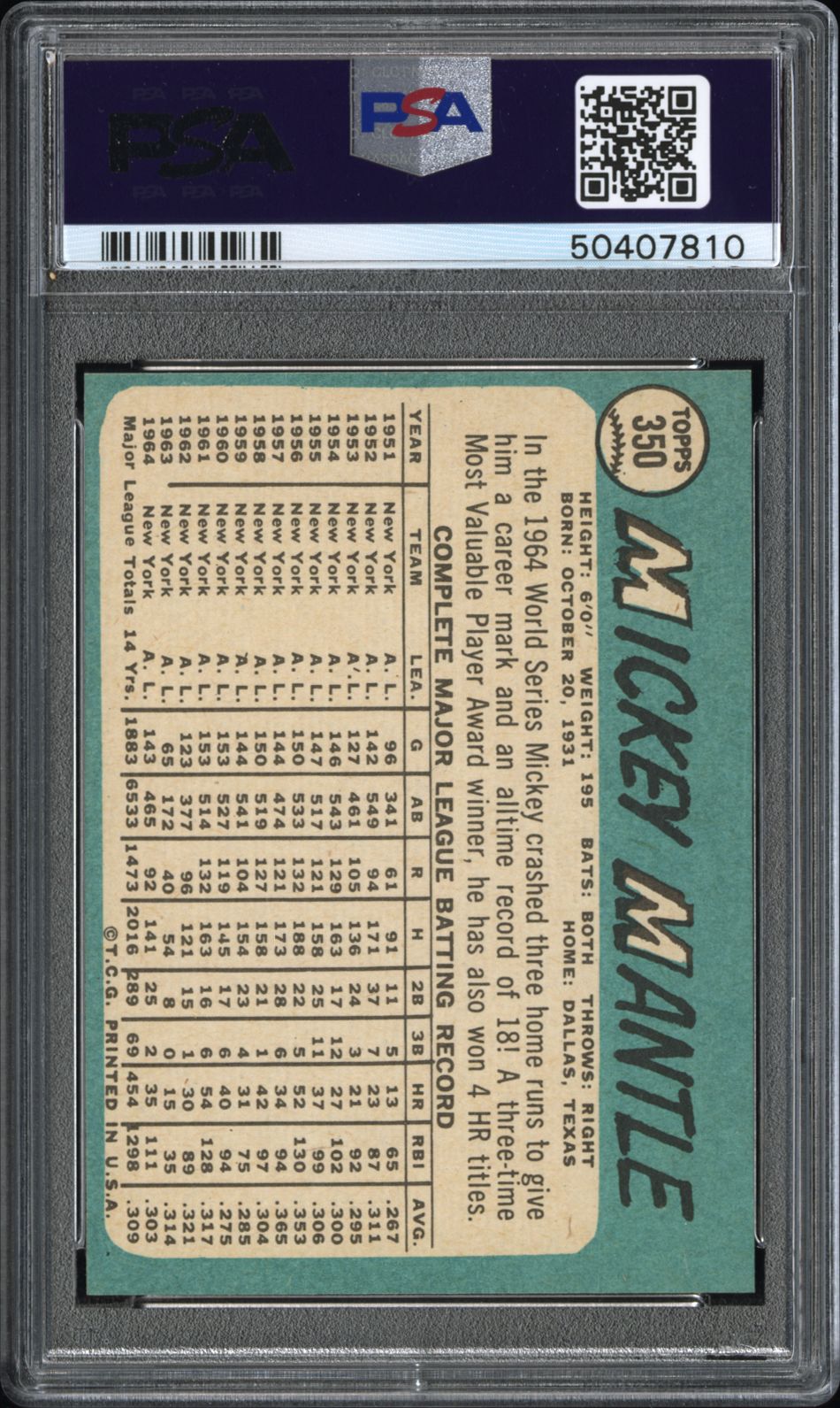 1965 Topps Mickey Mantle #350 PSA 7