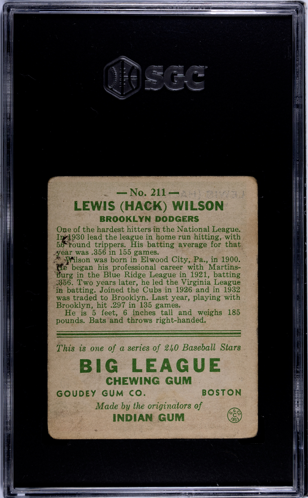 1933 Goudey Hack Wilson #211 SGC 1.5