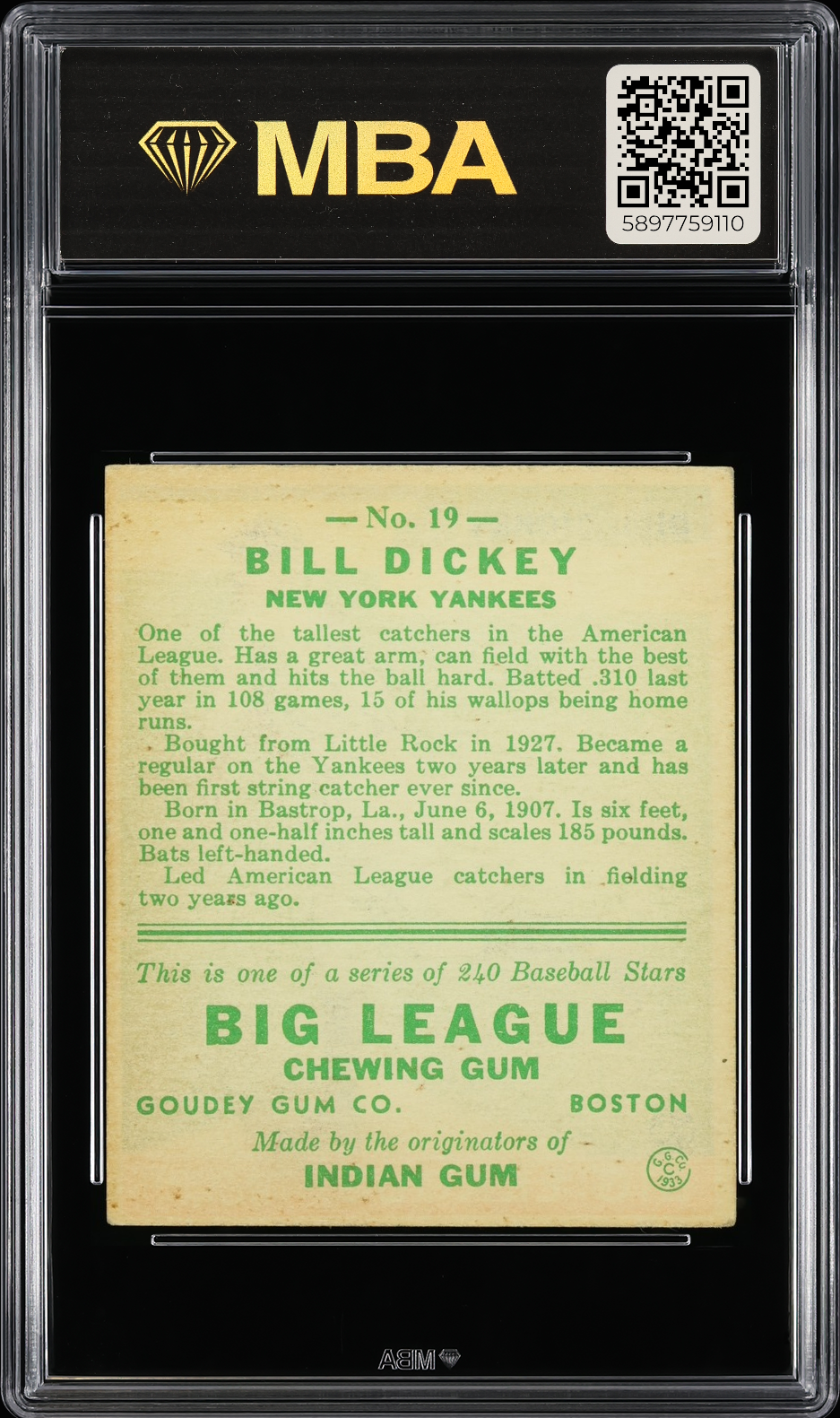 1933 Goudey Bill Dickey #19 MBA 5
