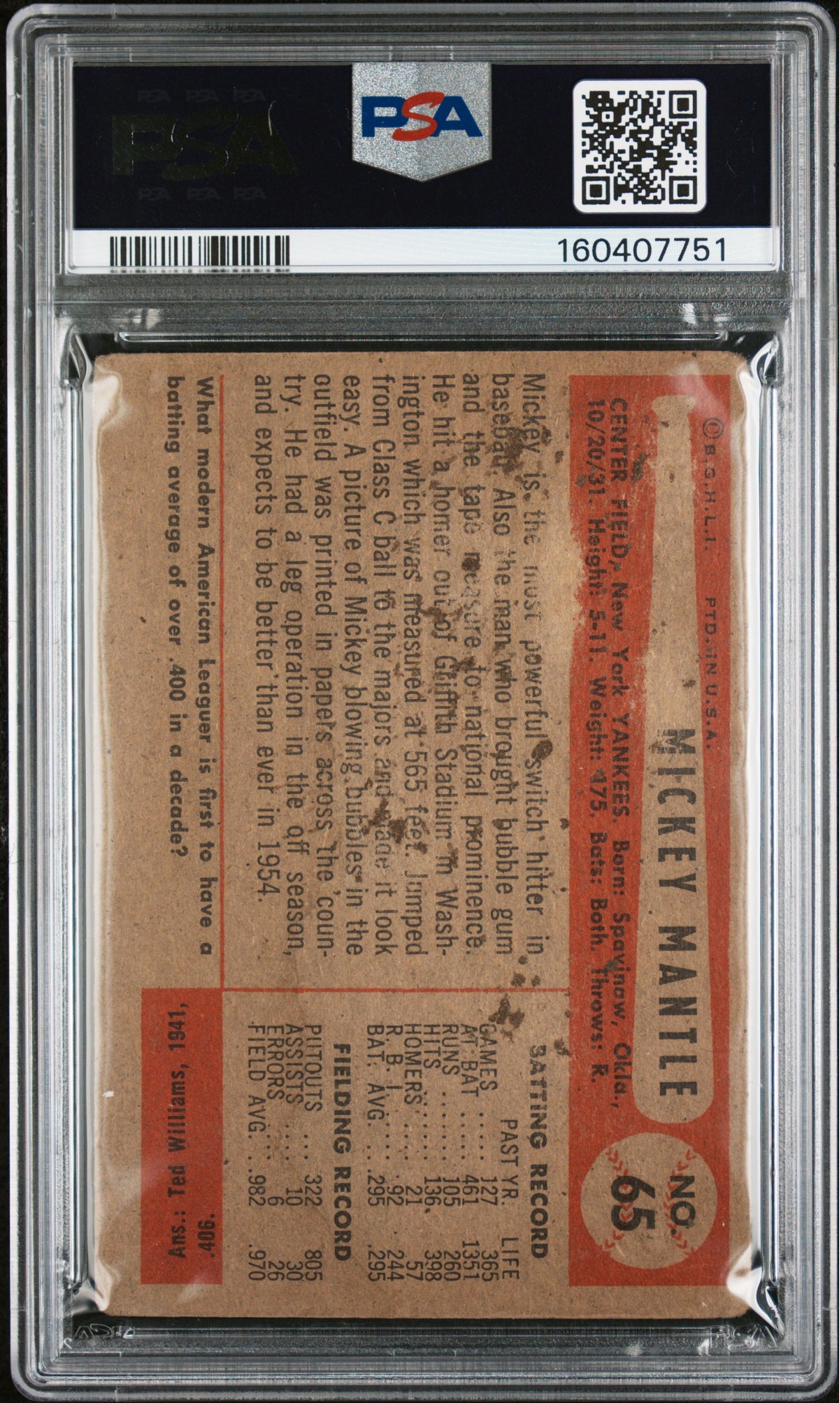 1954 Bowman Mickey Mantle #65 PSA 1.5