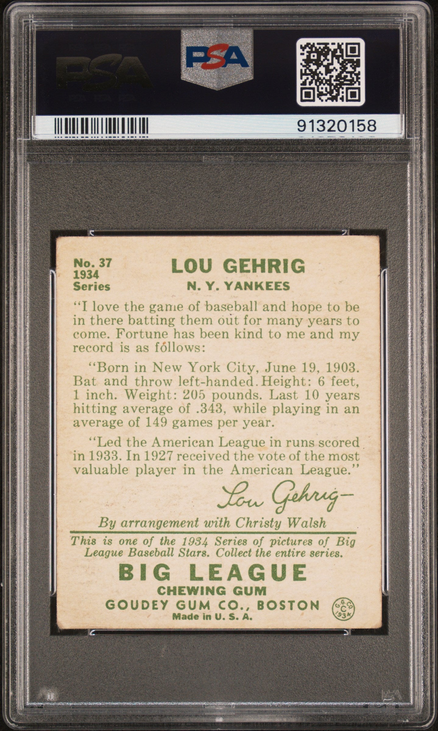 1934 Goudey Lou Gehrig #37 PSA 2