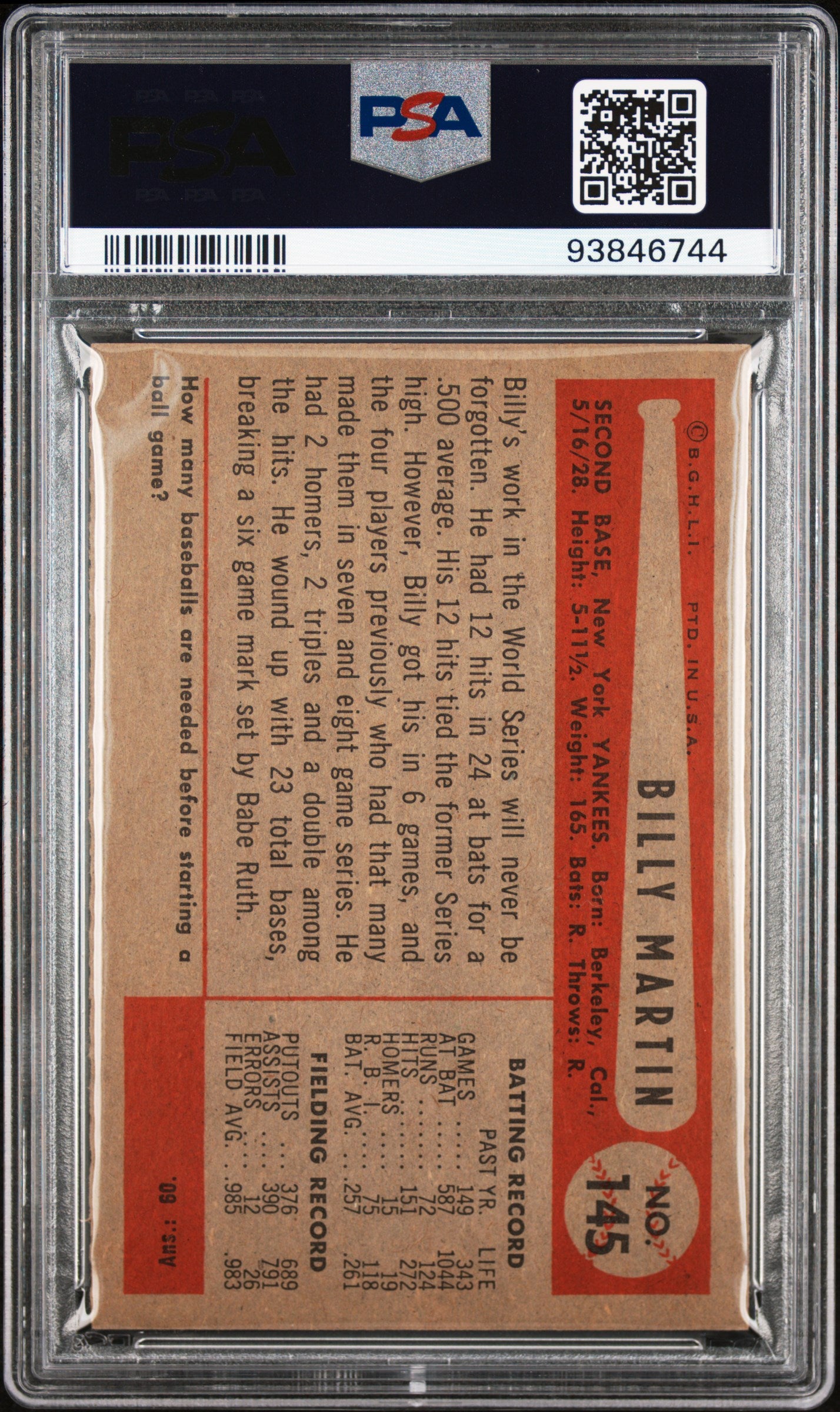 1954 Bowman Billy Martin #145. 985. 983 Field Avg. PSA 7