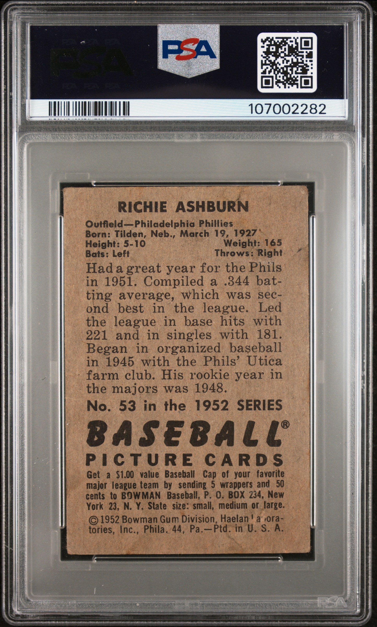 1952 Bowman Richie Ashburn #53 PSA A Auto 6