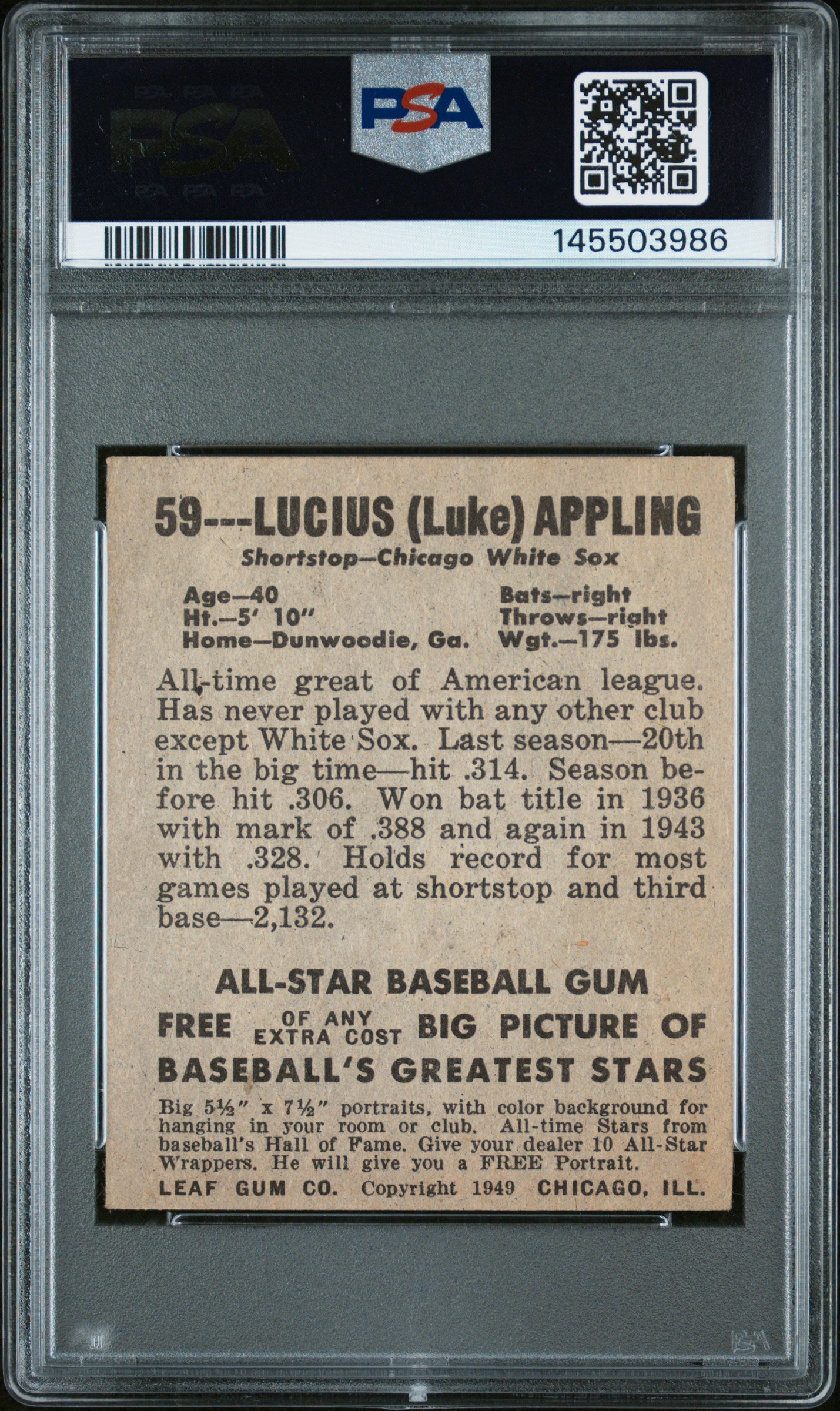 1948 Leaf Lucius Appling #59 PSA 3