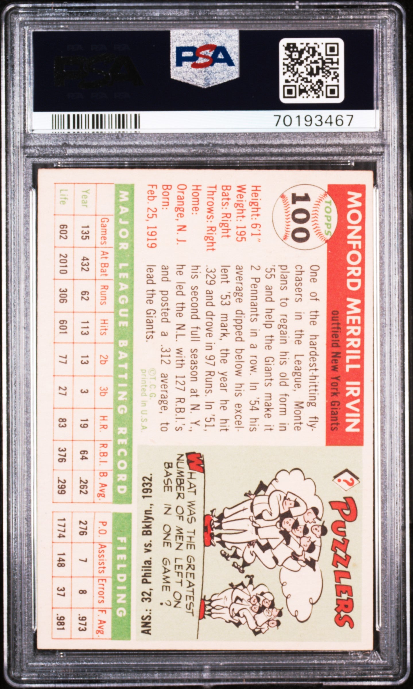 1955 Topps Monte Irvin #100 PSA 6