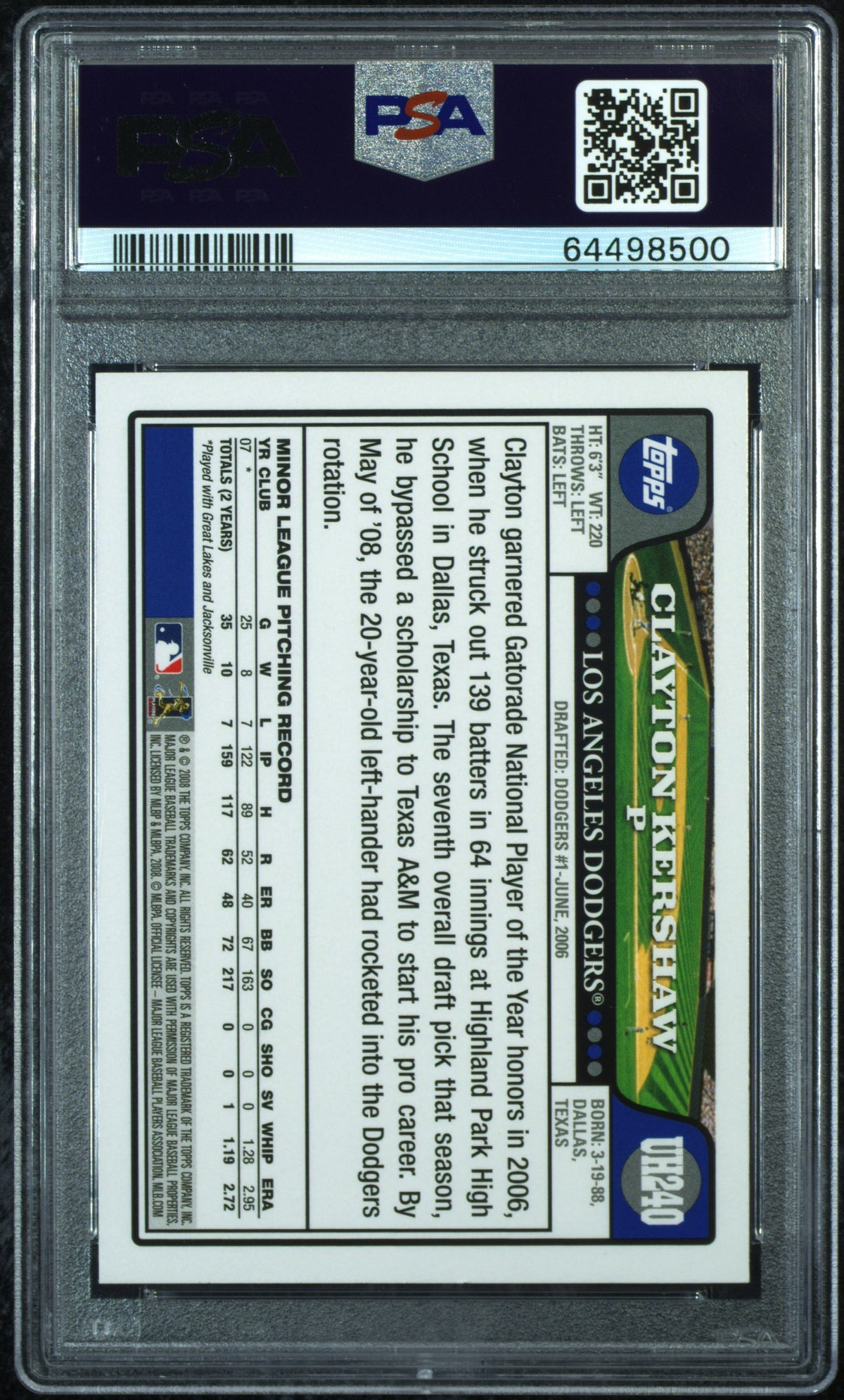 2008 Topps Update & Highlights Clayton Kershaw #UH240 PSA 10