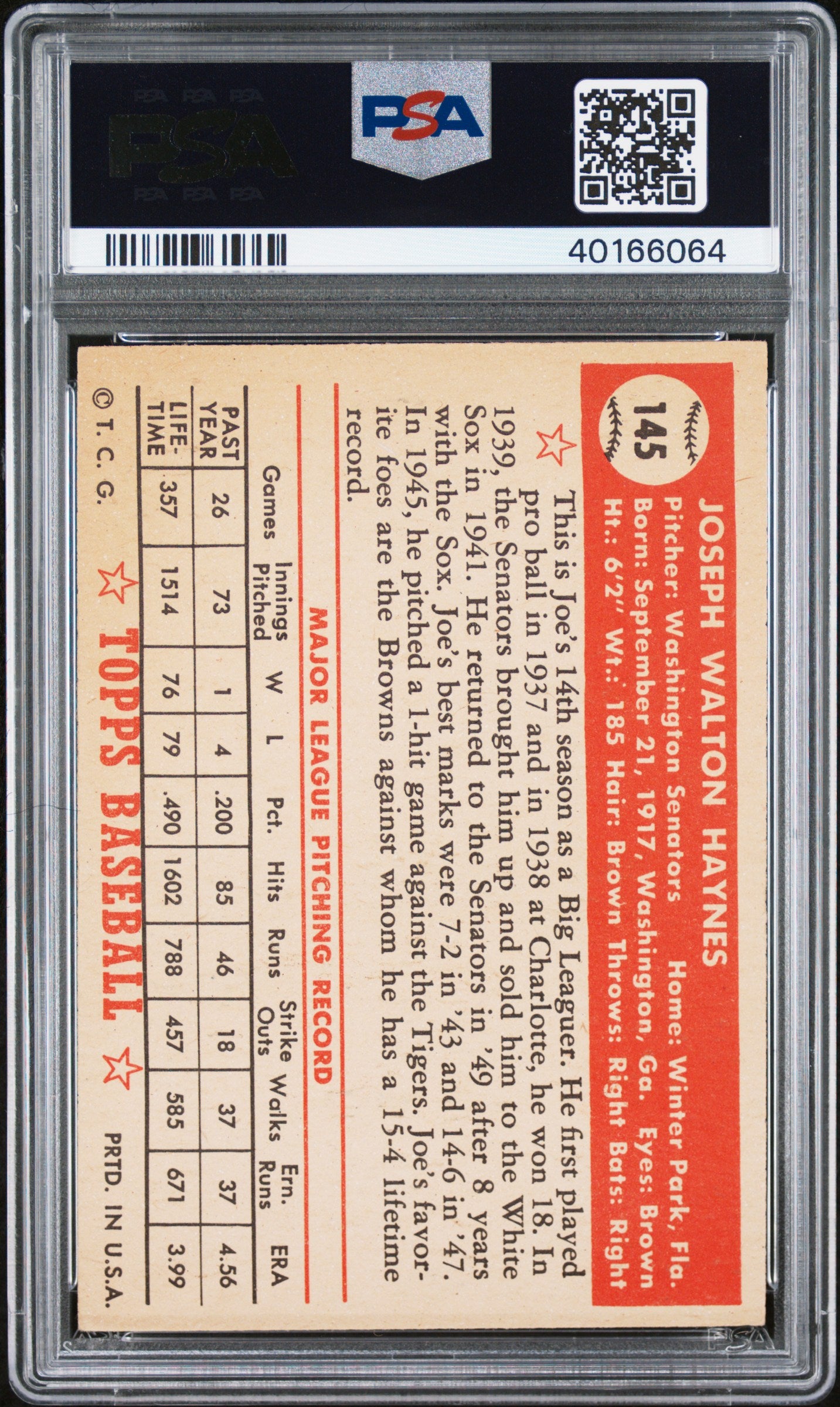 1952 Topps Joe Haynes #145 PSA 7