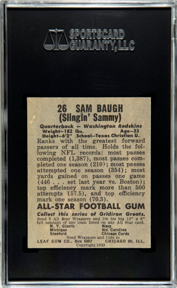 1949 Leaf Gum Co. Sammy Baugh #26 SGC 7
