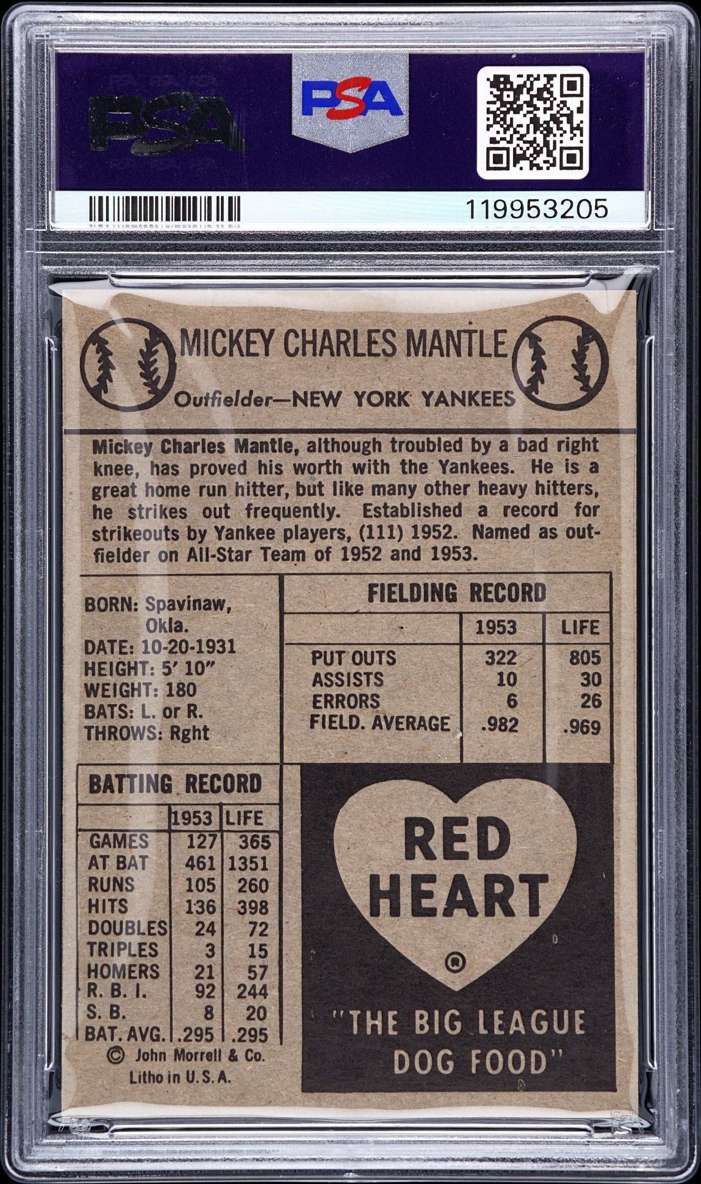 1954 Red Heart Mickey Mantle PSA 7.5