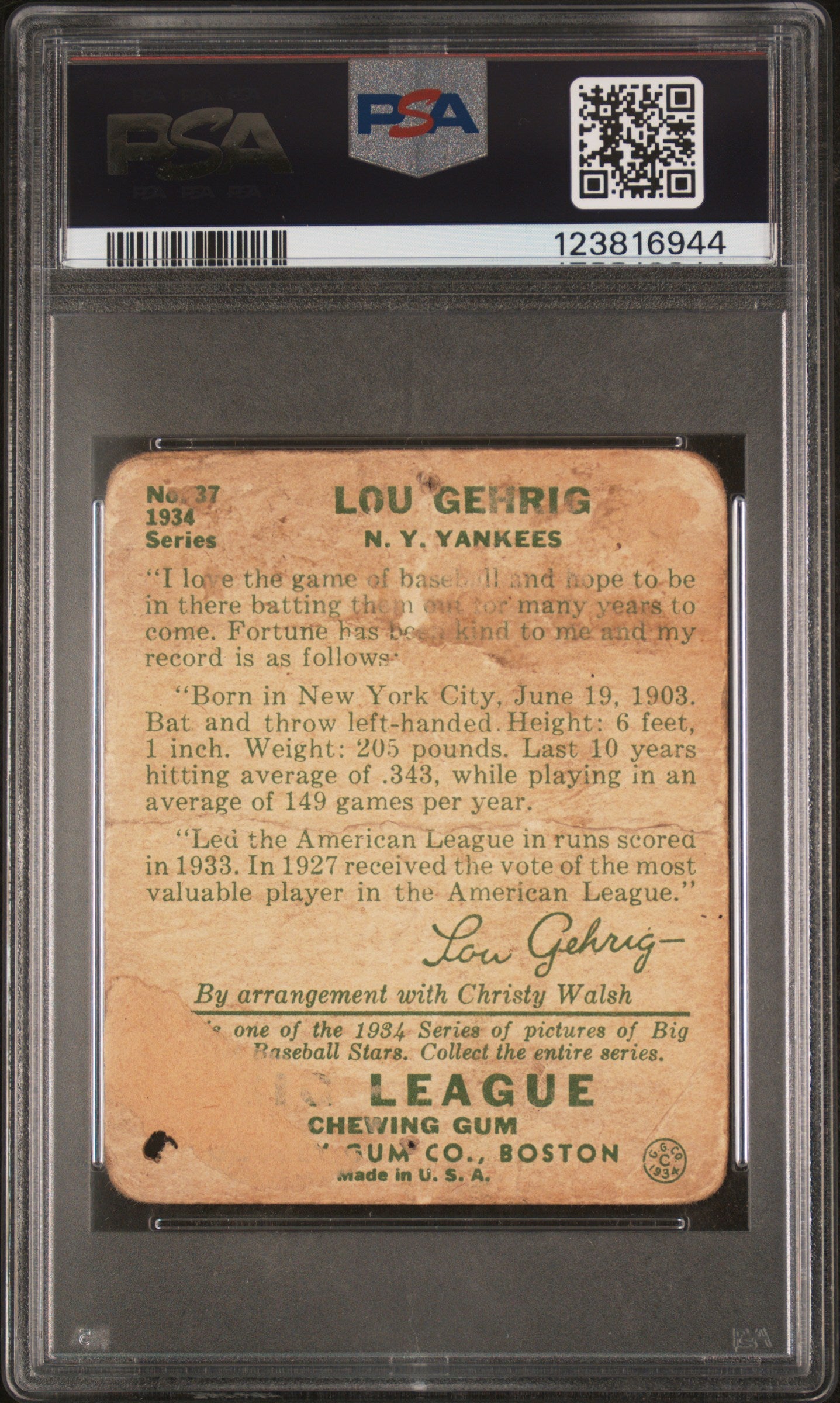 1934 Goudey Lou Gehrig #37 PSA A