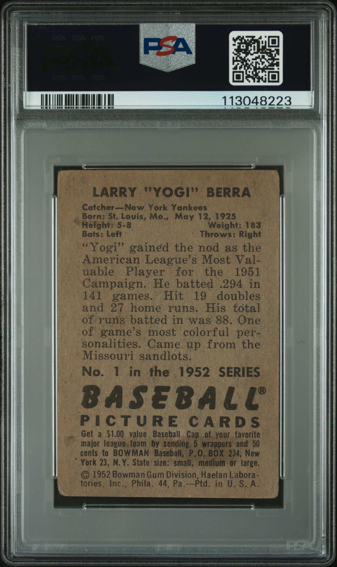 1952 Bowman Yogi Berra #1 PSA 1.5