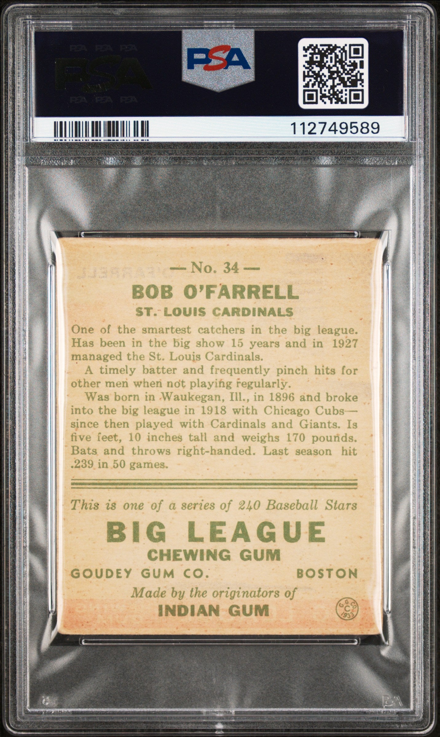 1933 Goudey Bob O'farrell #34 PSA 3