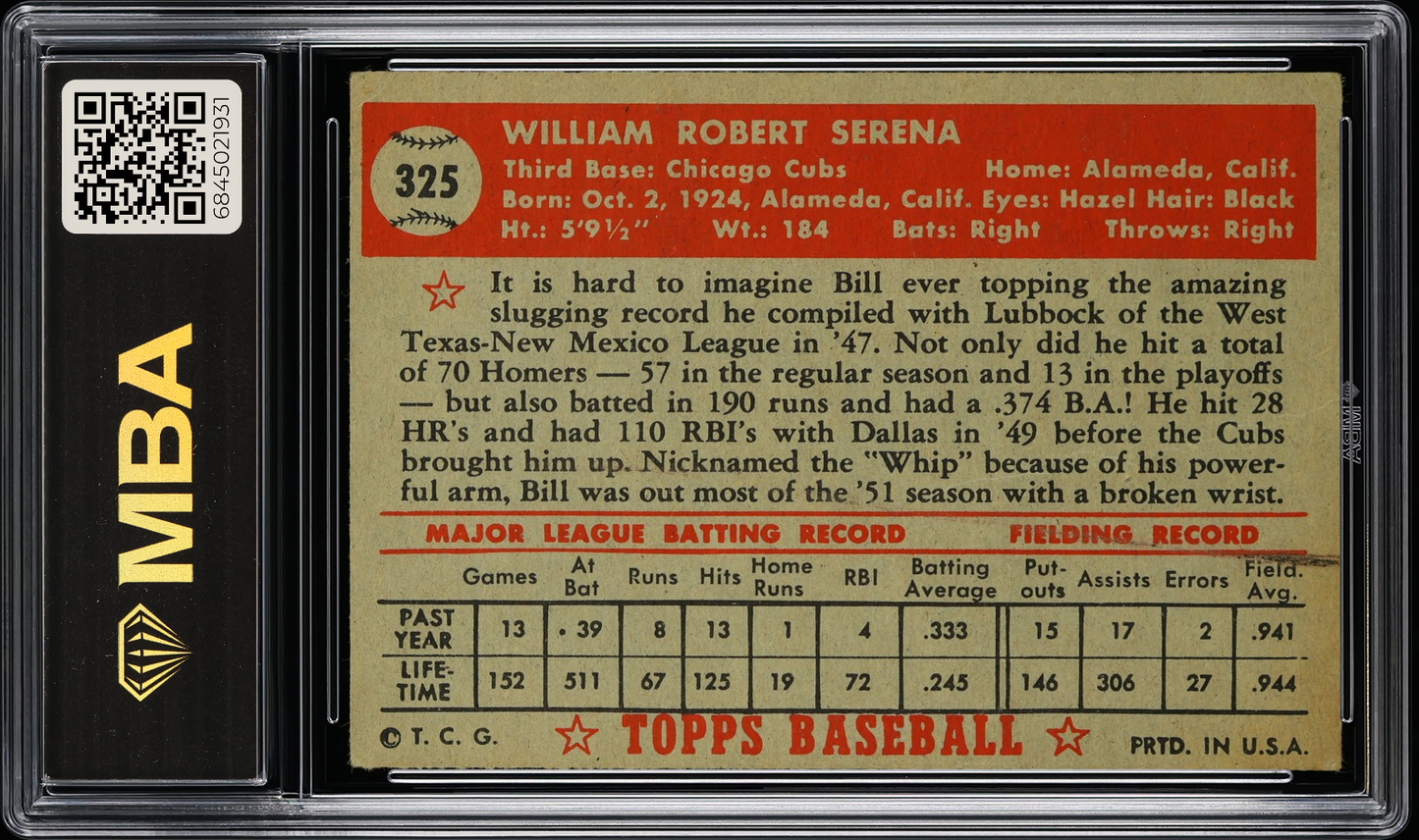 1952 Topps Bill Serena #325 MBA 2