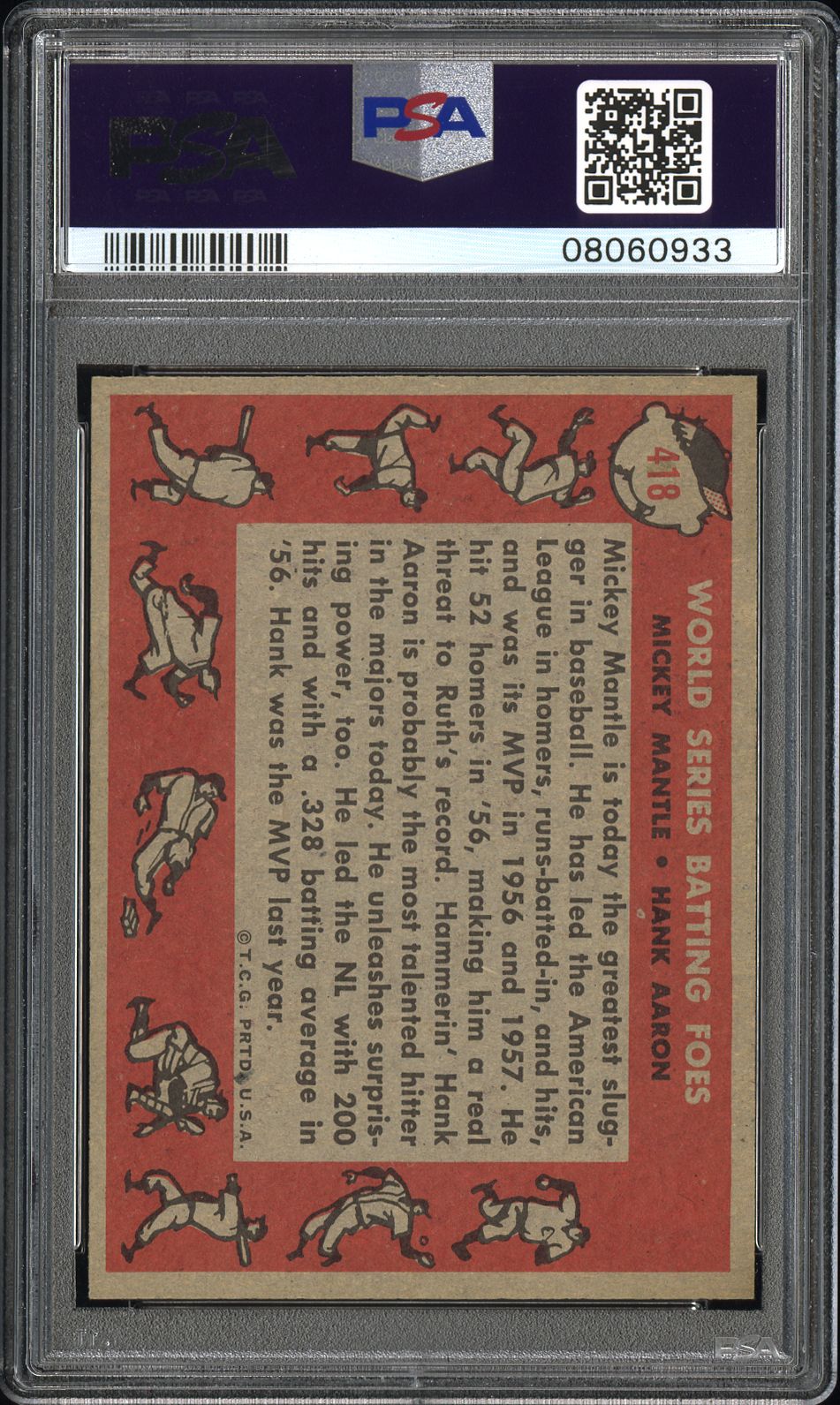 1958 Topps H. Aaron M. Mantle #418 W. S. Batting Foes PSA 8