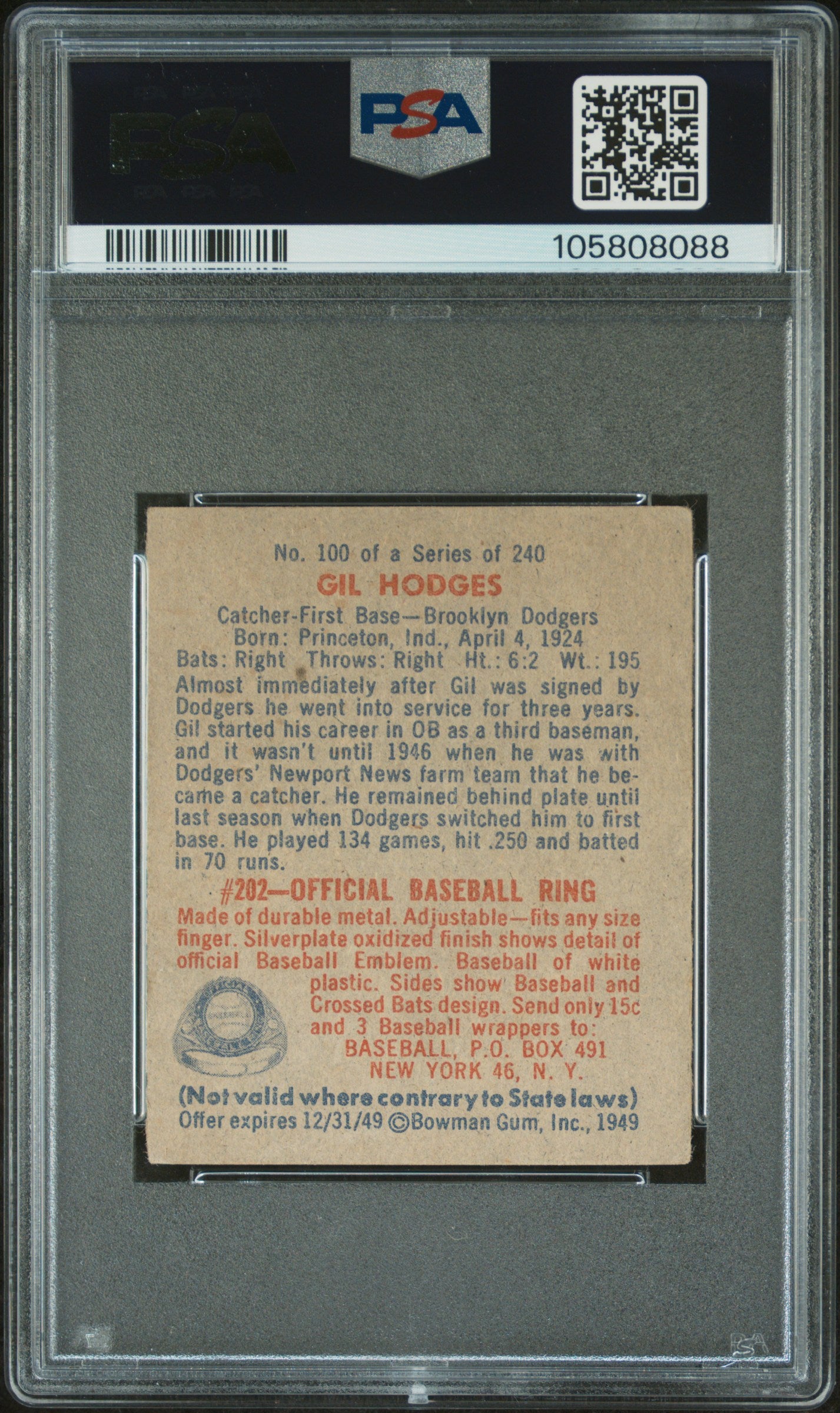 1949 Bowman Gil Hodges #100 PSA 3.5