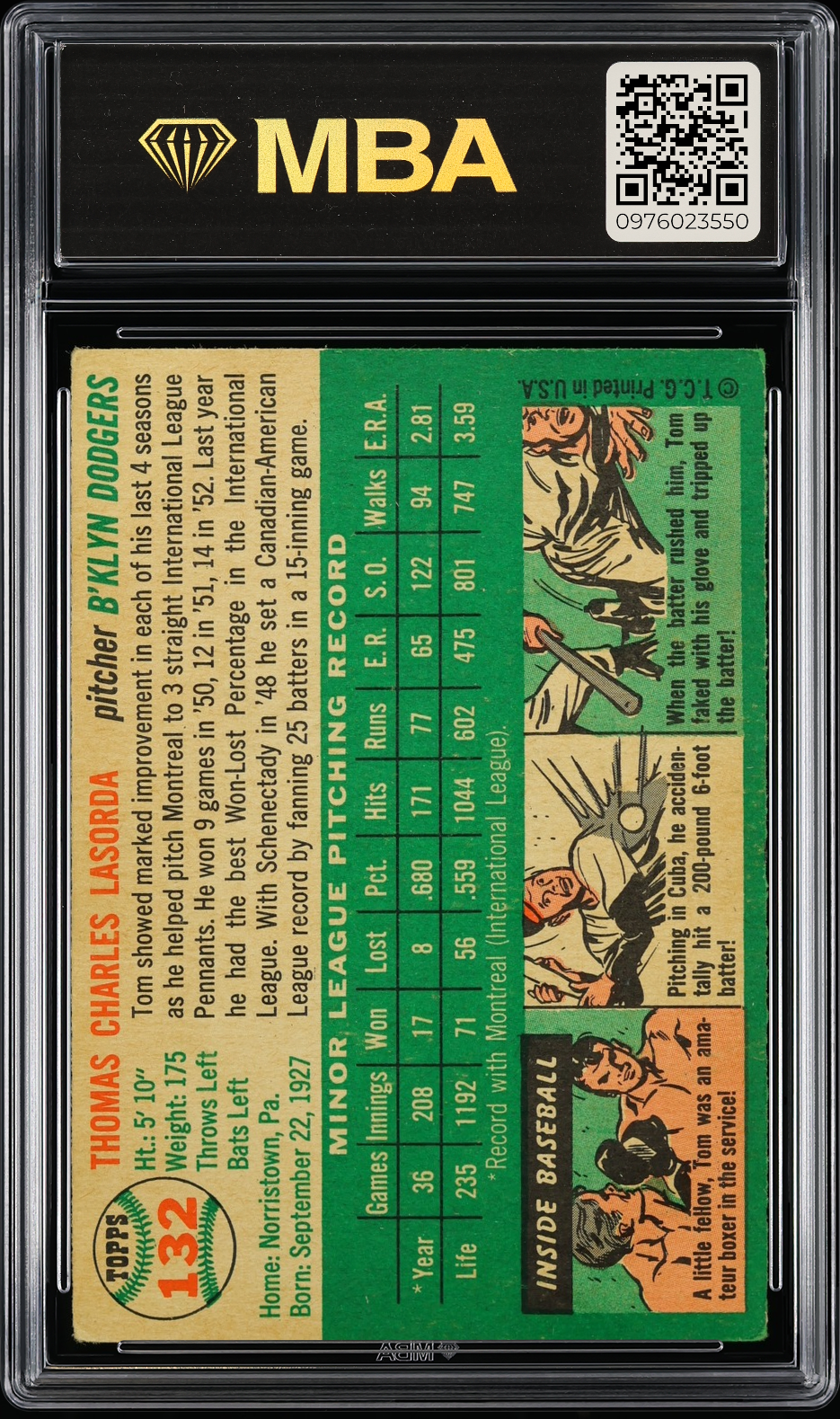 1954 Topps Tom Lasorda #132 MBA 4 RC