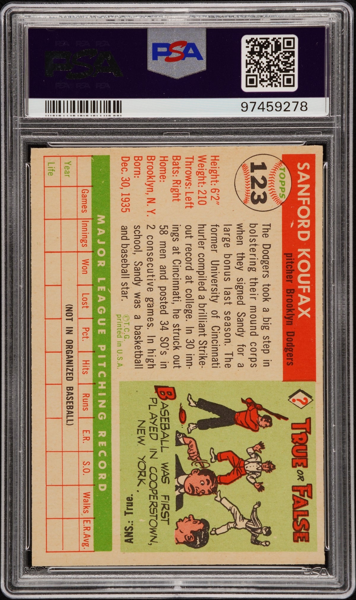 1955 Topps Sandy Koufax #123 PSA 7 Auto 10
