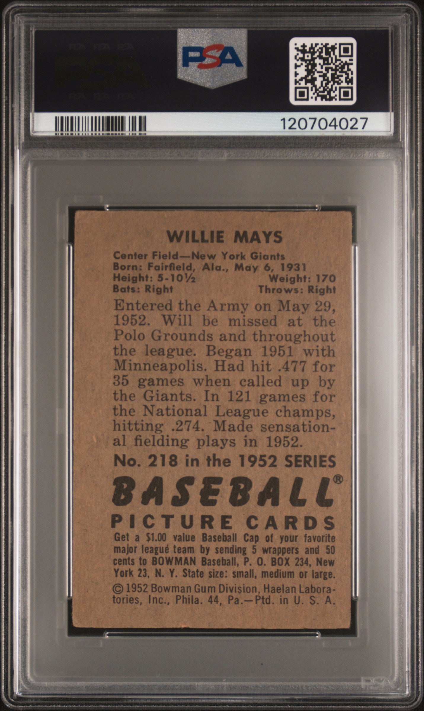 1952 Bowman Willie Mays #218 PSA 3