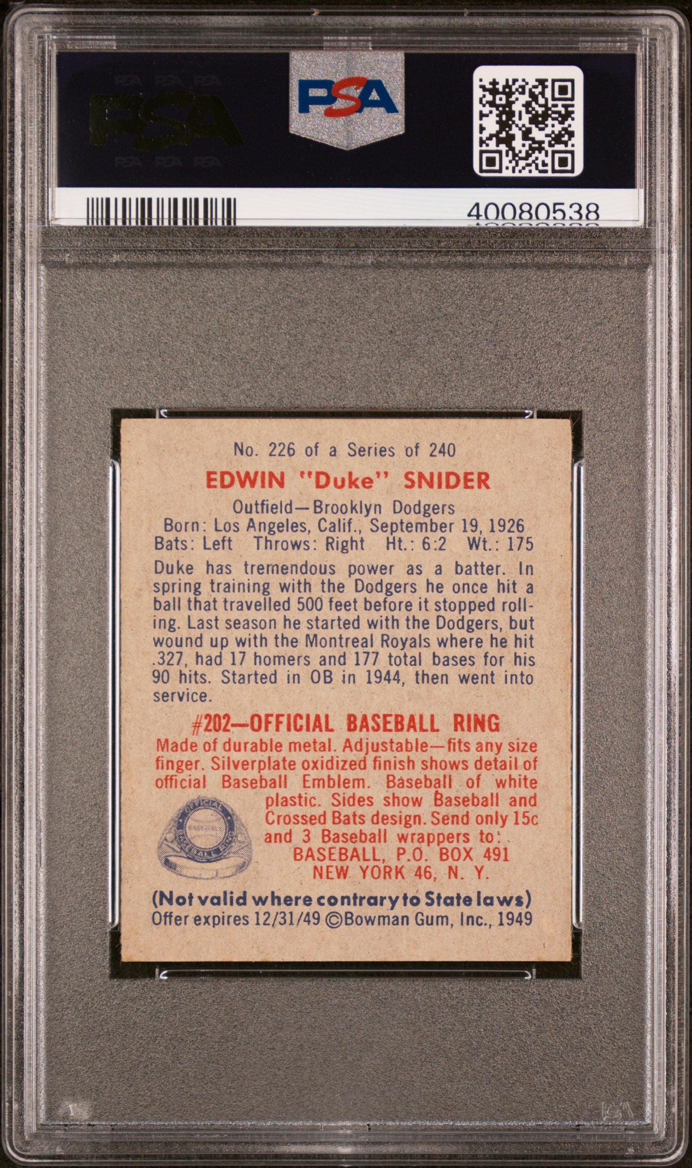 1949 Bowman Edwin Snider #226 PSA 6