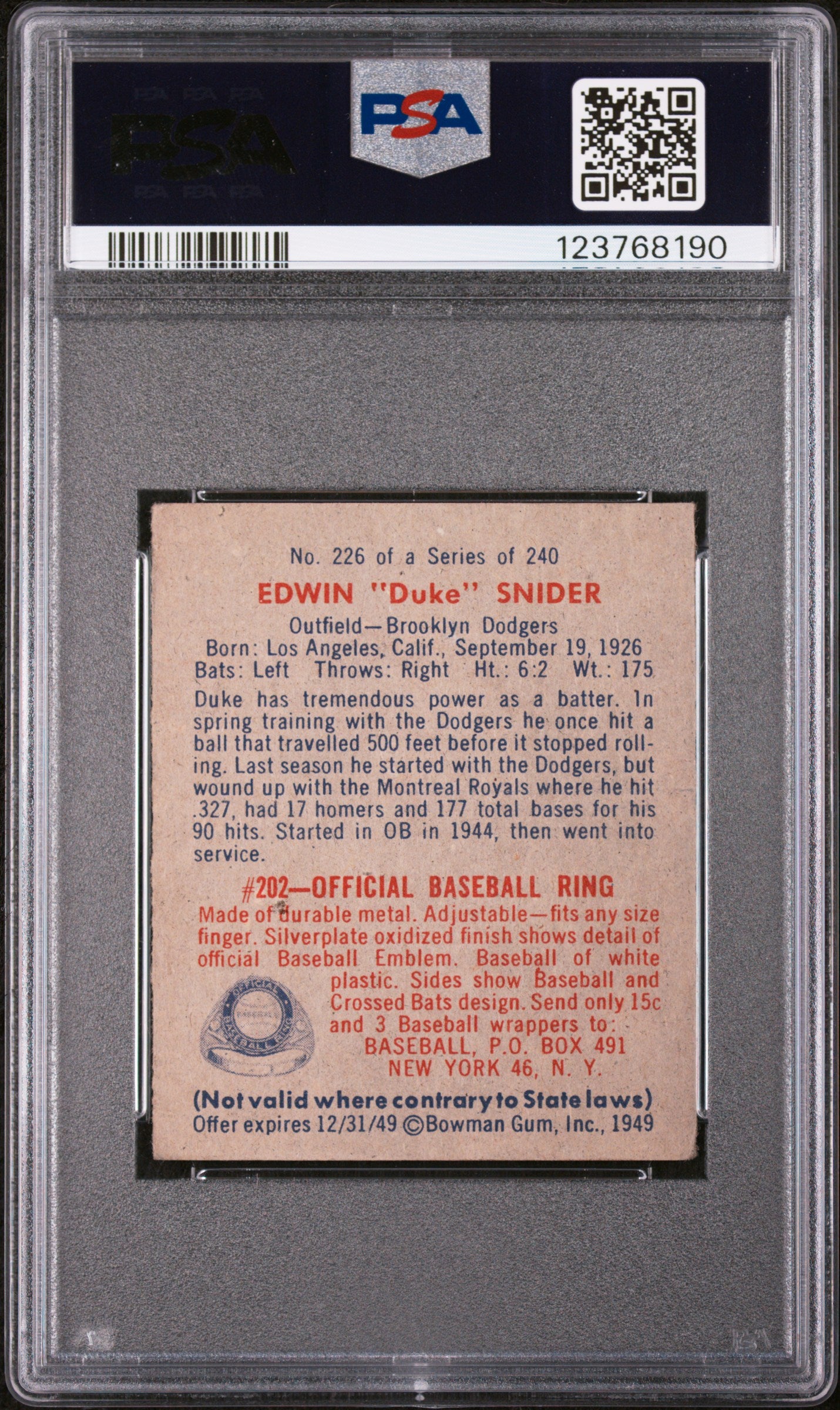 1949 Bowman Edwin Snider #226 PSA 5