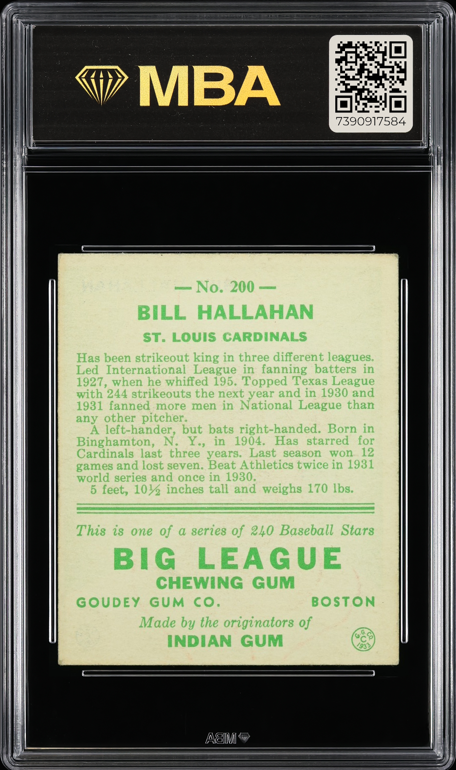 1933 Goudey Bill Hallahan #200 MBA 3
