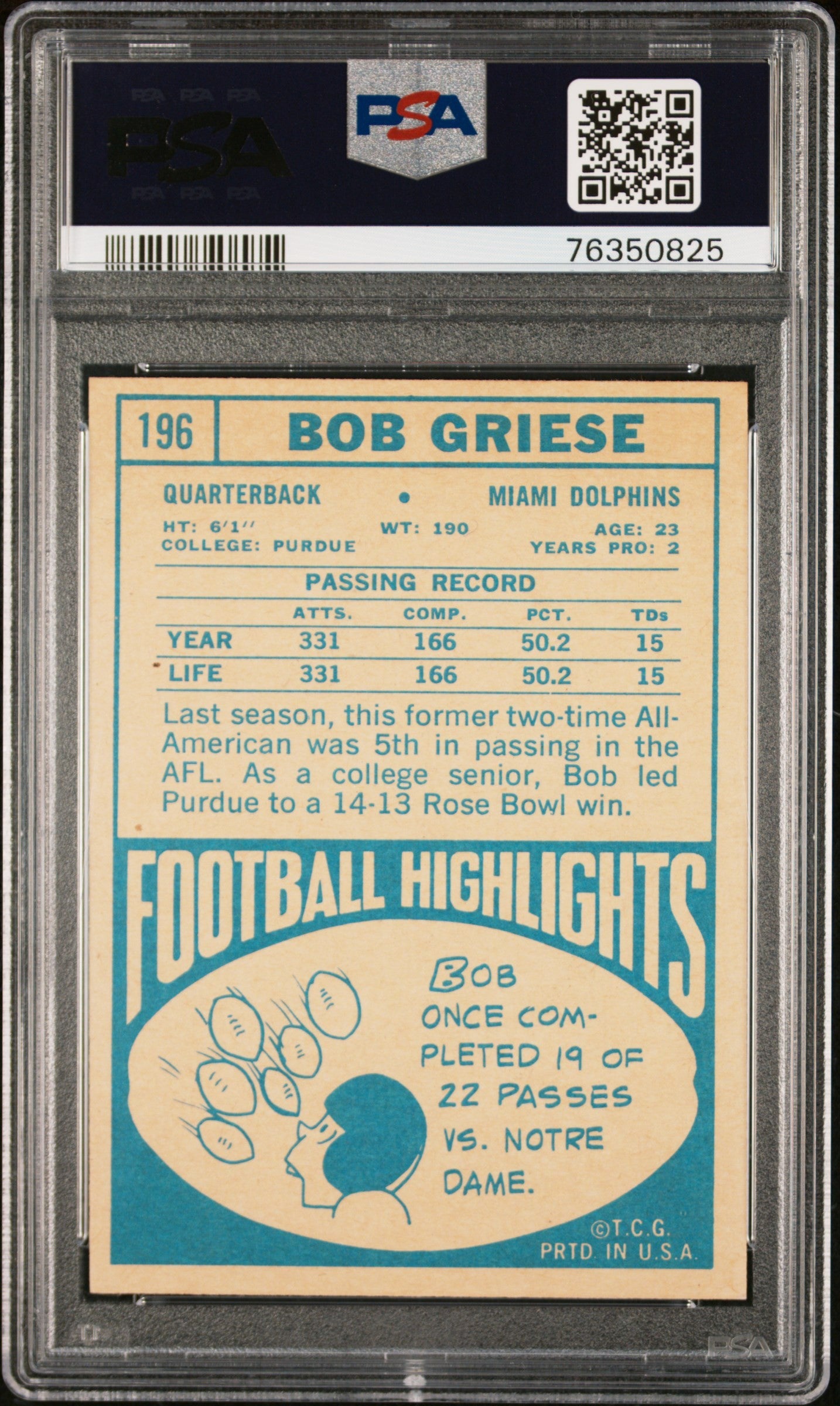 1968 Topps Bob Griese #196 PSA 8