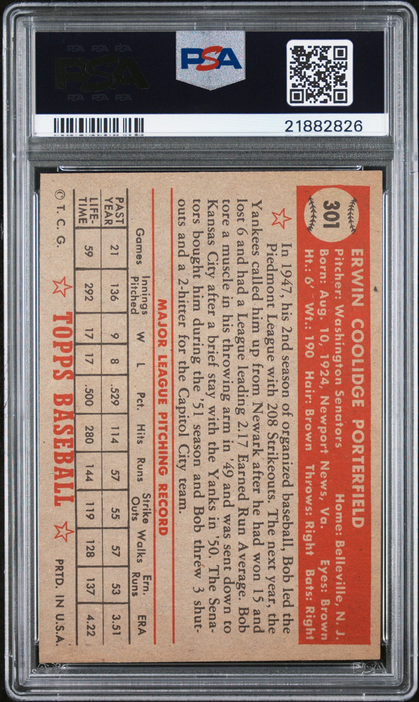 1952 Topps Bob Porterfield #301 PSA 7
