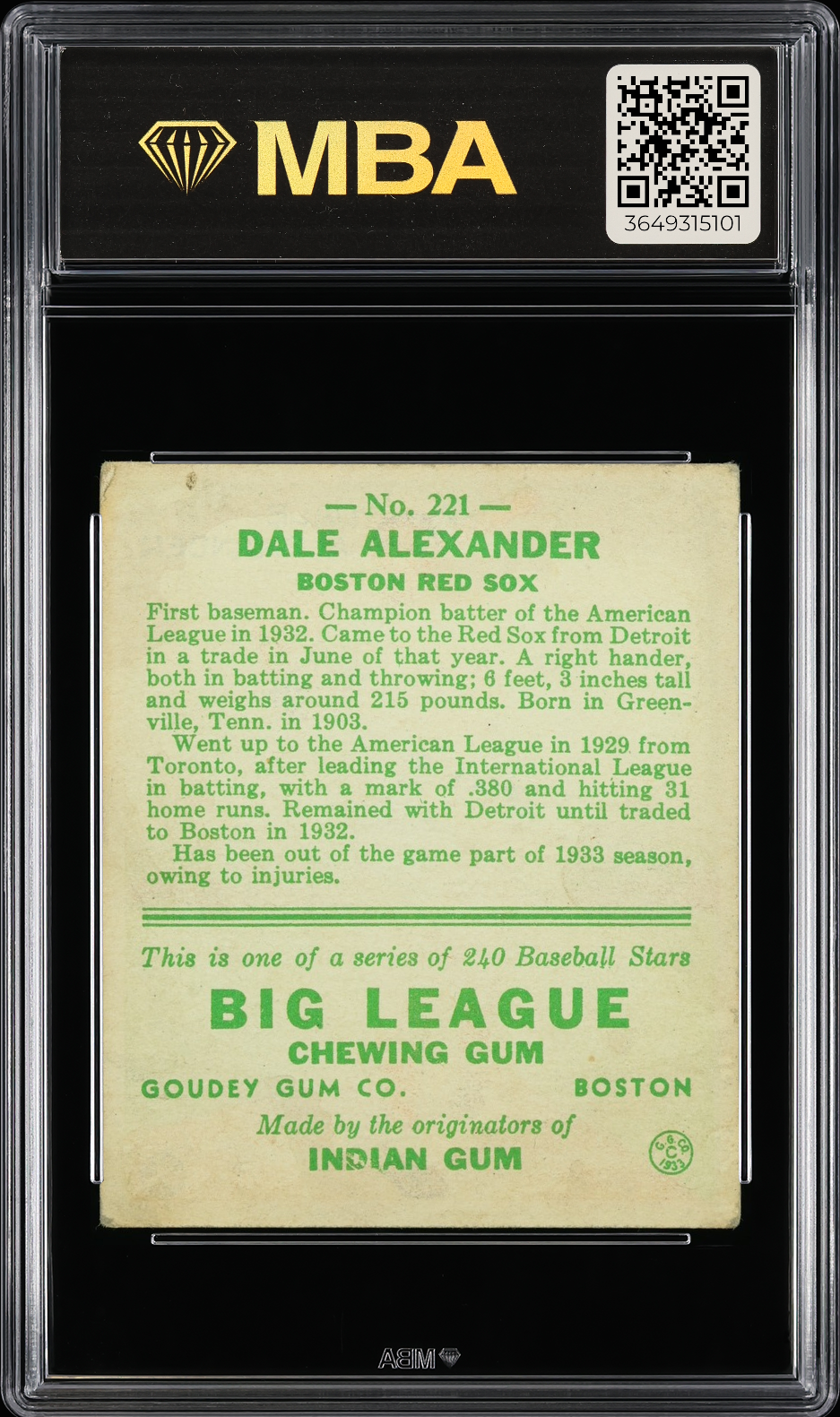 1933 Goudey Dale Alexander #221 MBA 2.5