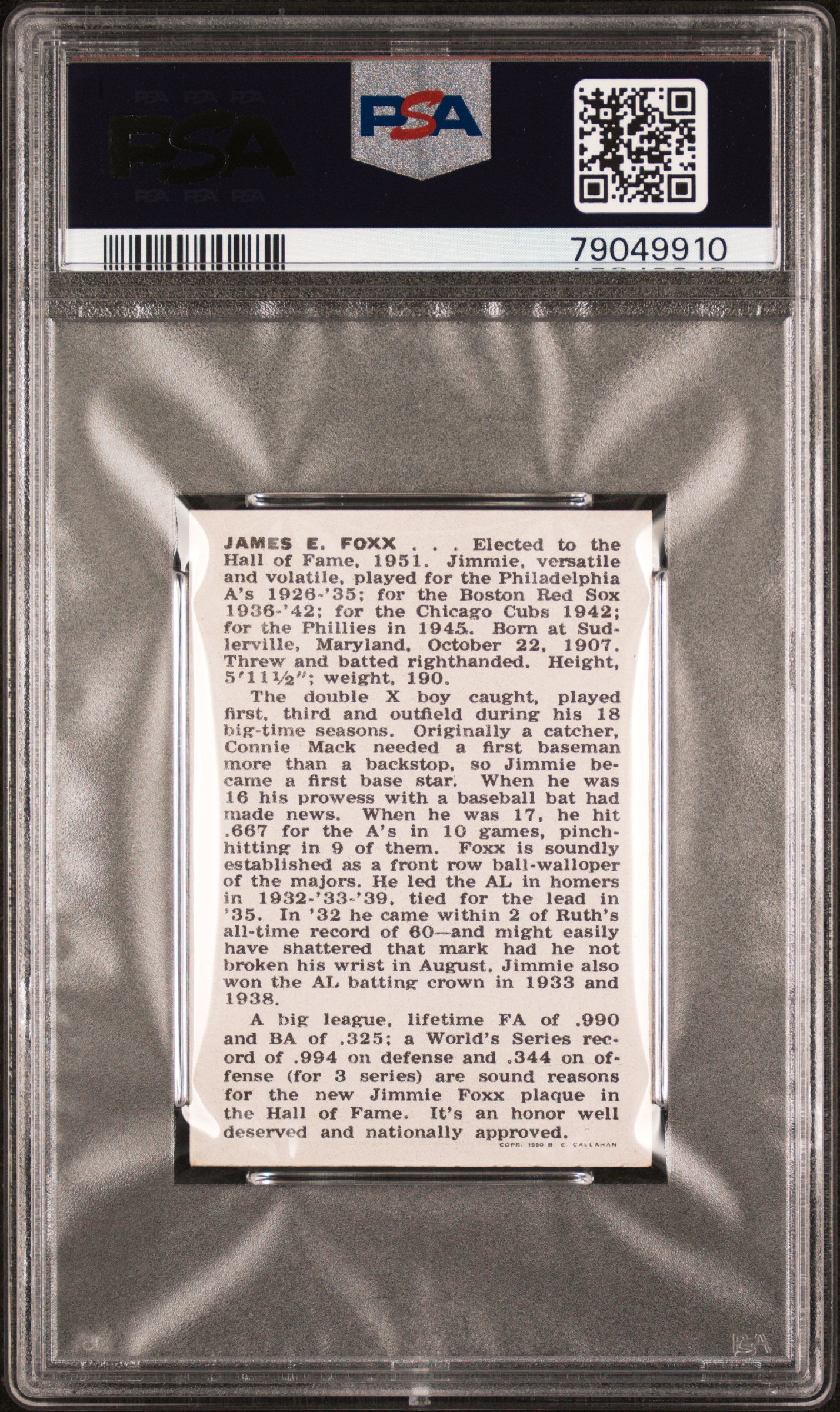 1950-56 Callahan Hall Of Fame Jimmie Foxx PSA 9
