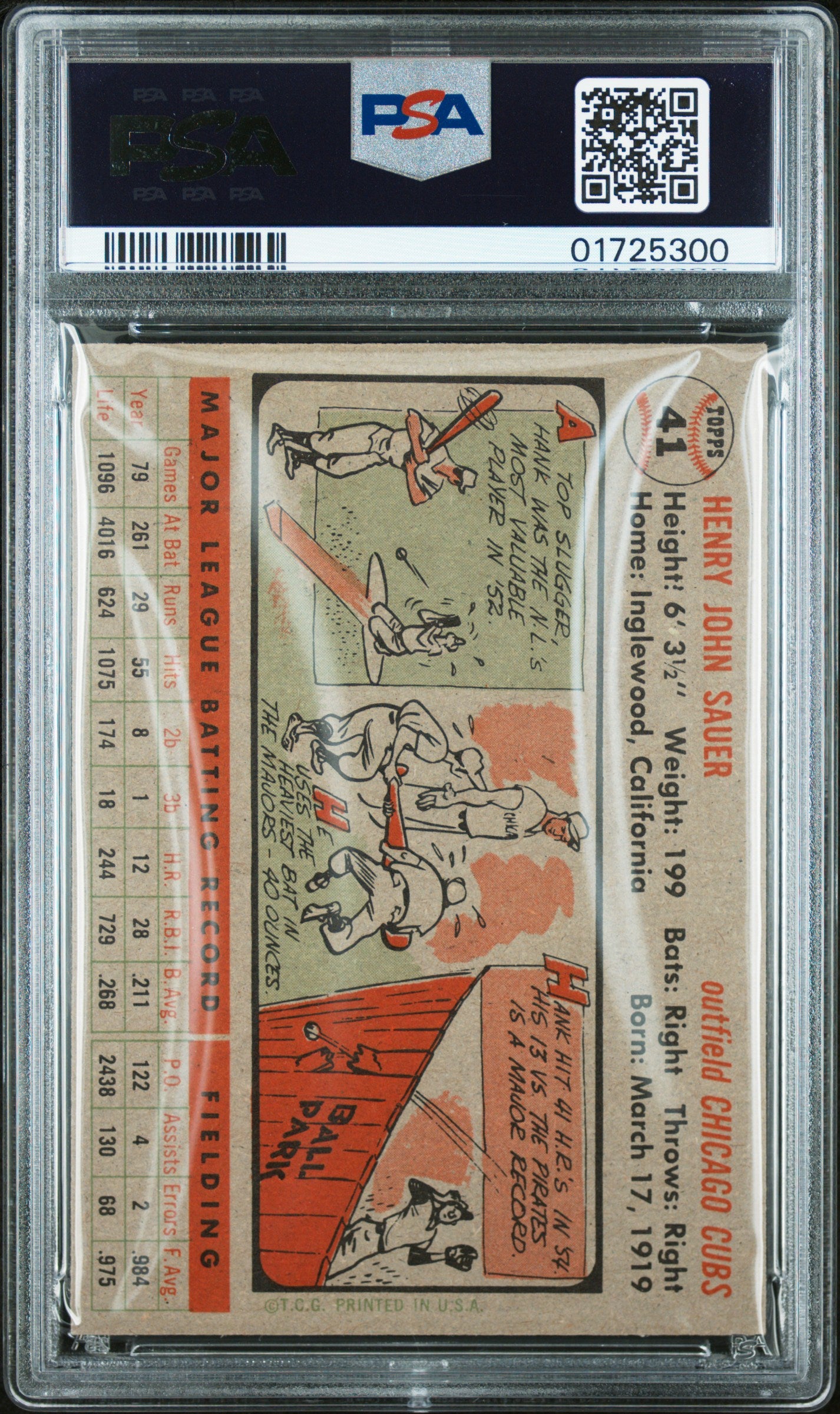 1956 Topps Hank Sauer #41 Gray Back PSA 7