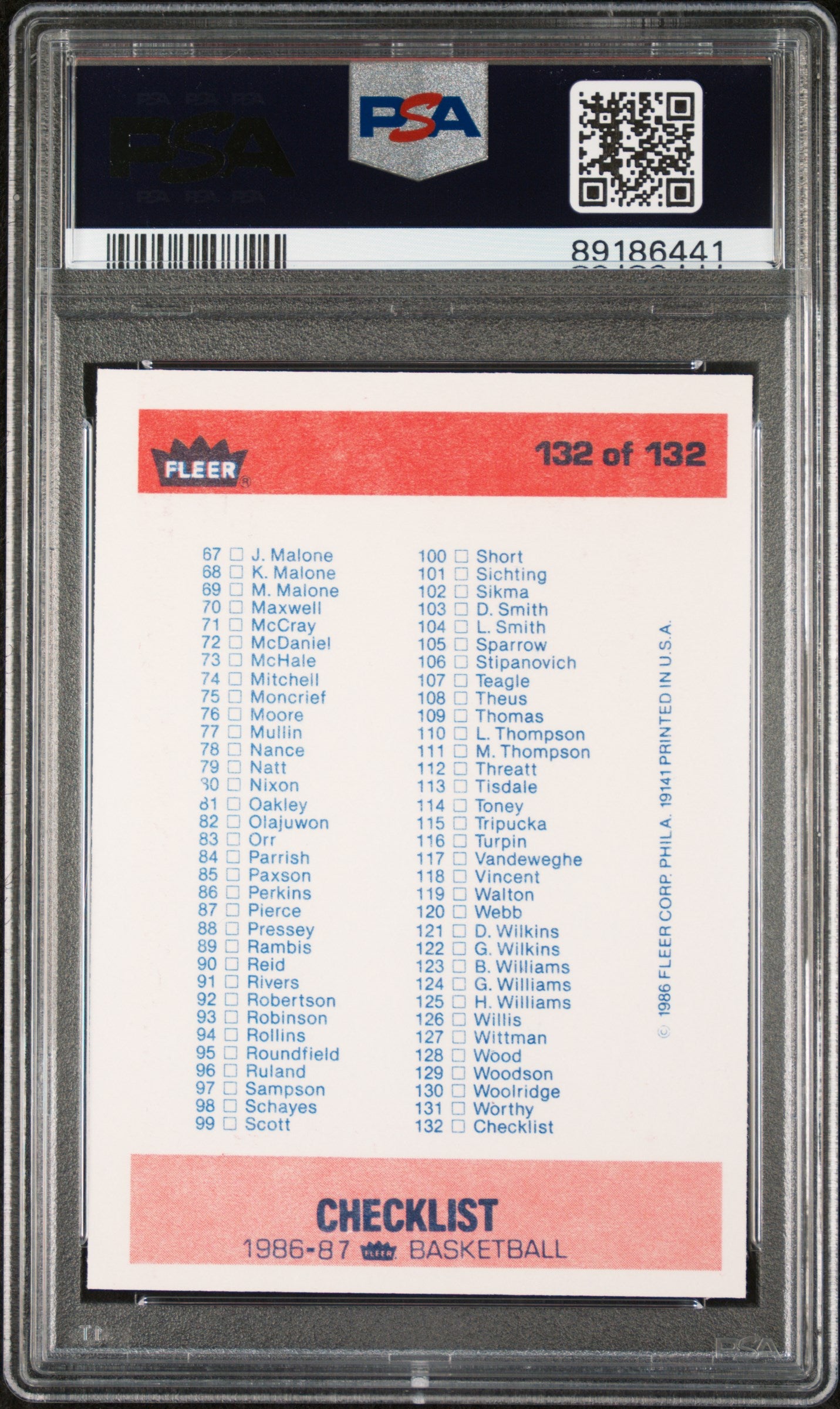 1986 Fleer Checklist 1-132 #132 PSA 9
