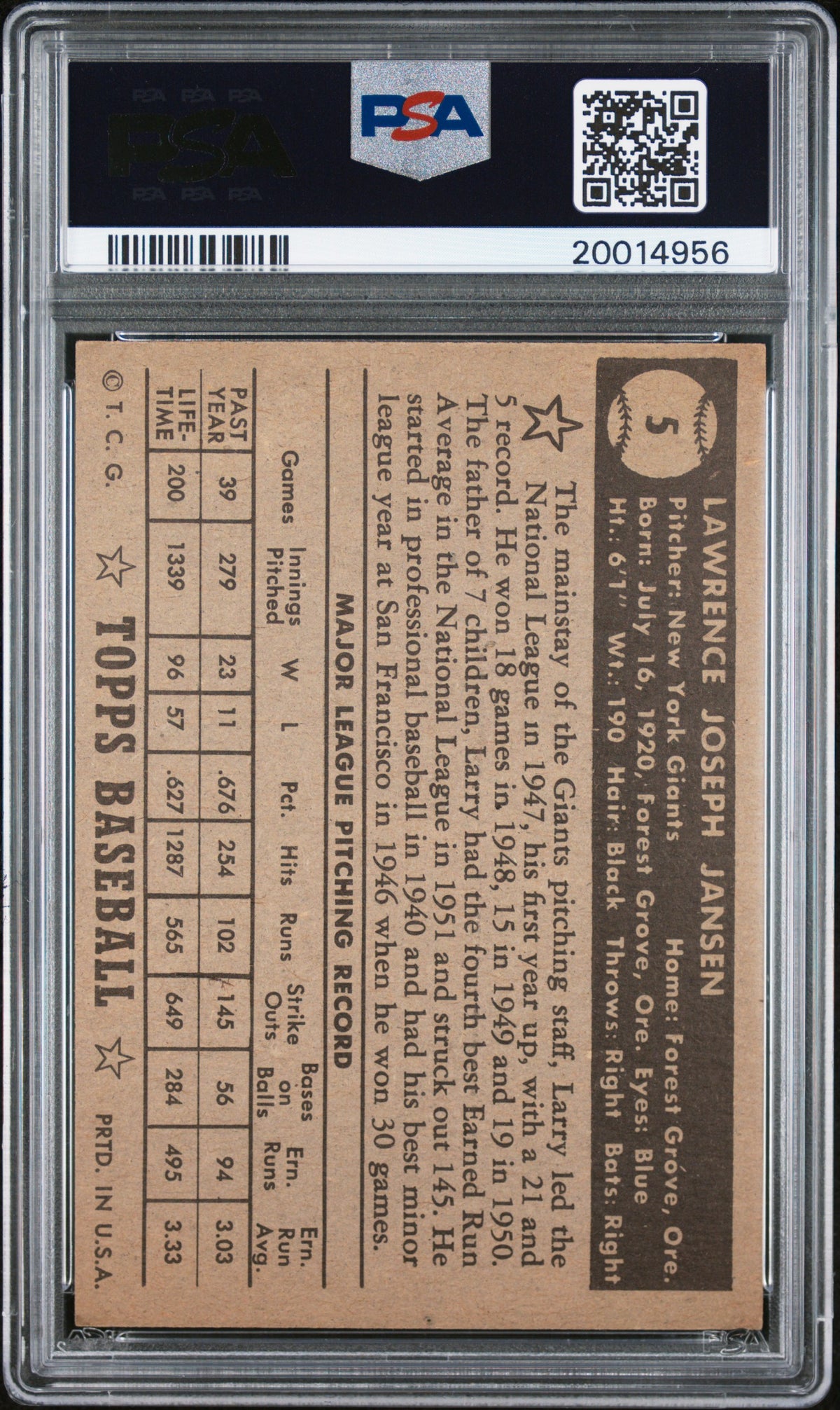 1952 Topps Larry Jansen #5 Black Back PSA 7