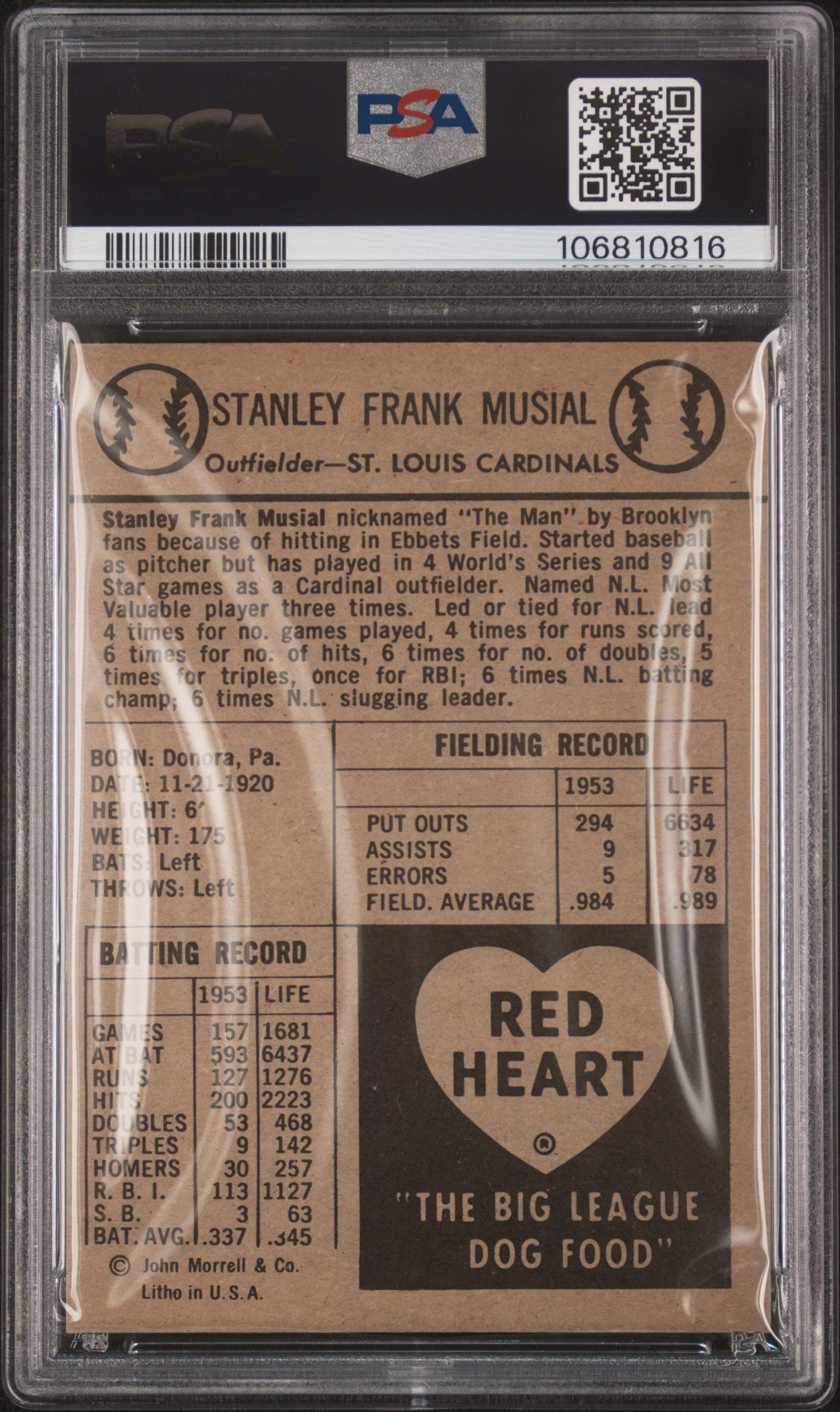1954 Red Heart Stan Musial PSA 6