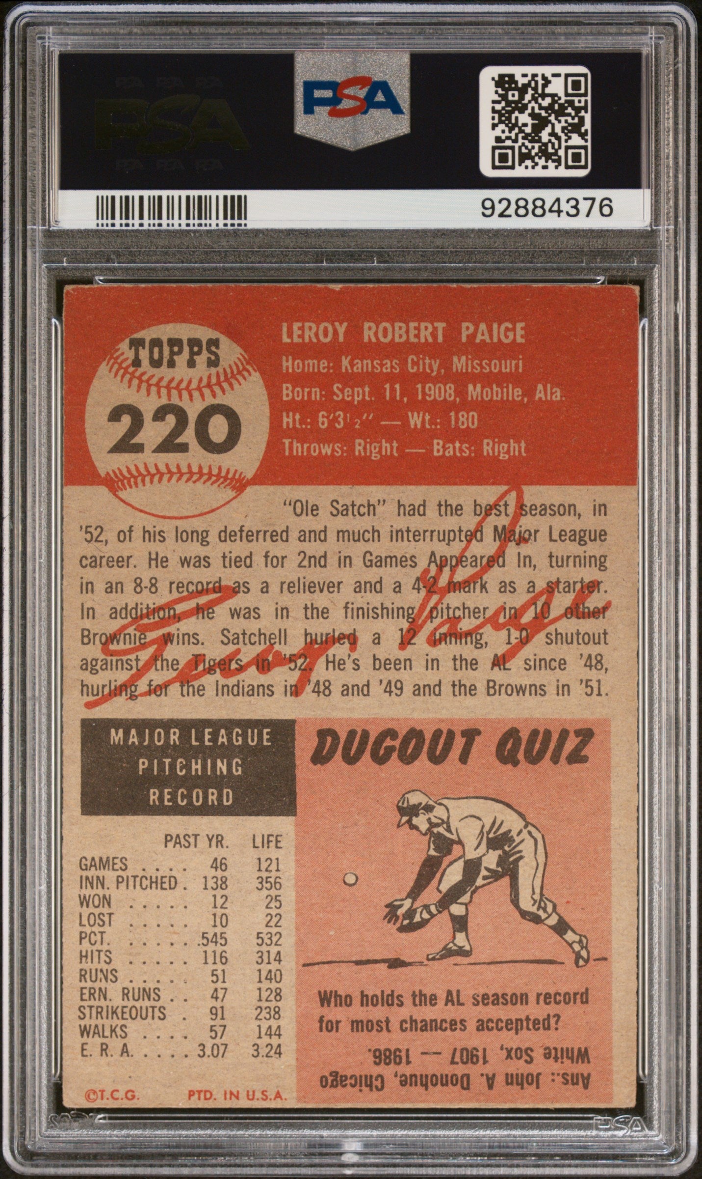 1953 Topps Satchell Paige #220 PSA 4