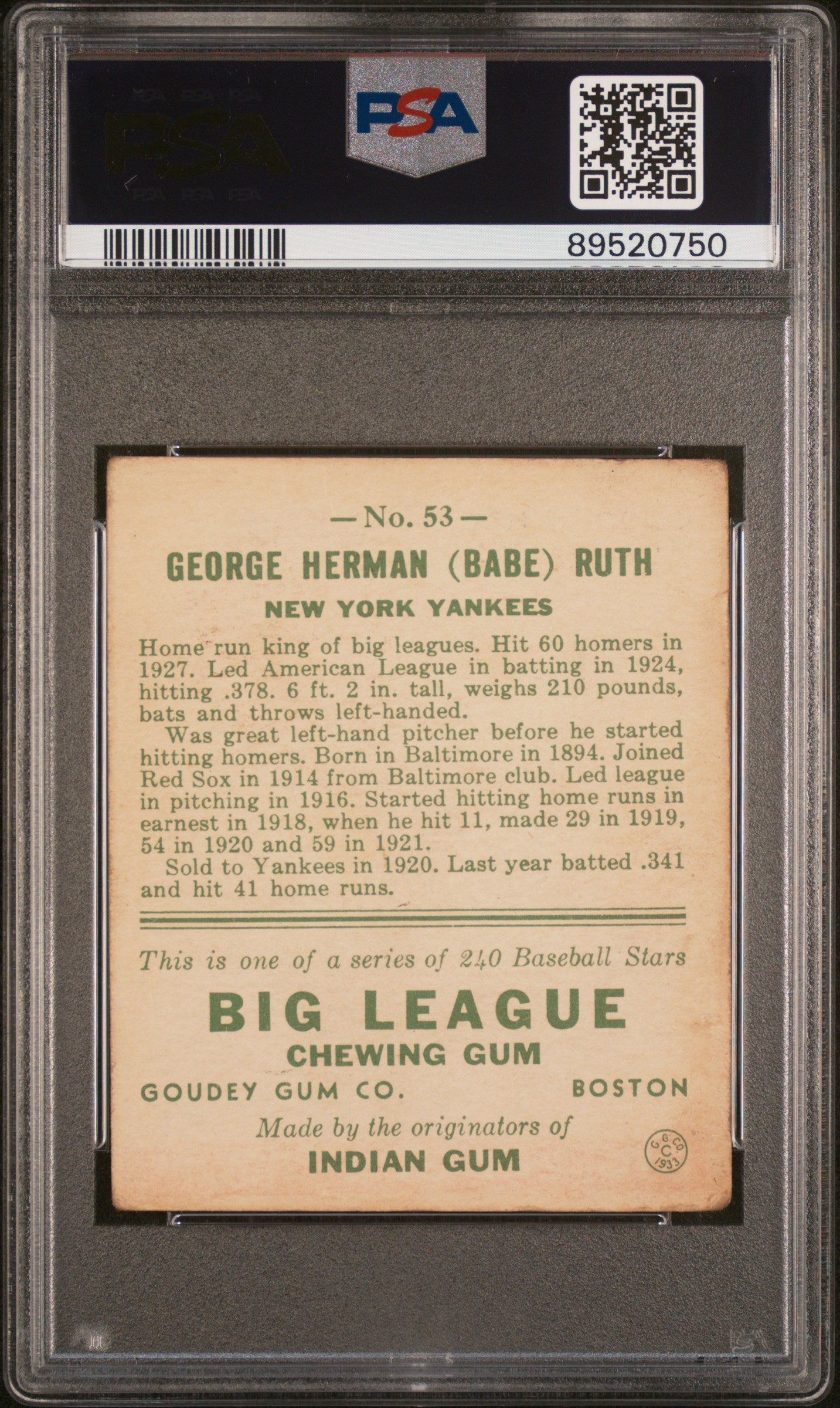1933 Goudey Babe Ruth #53 PSA 1.5