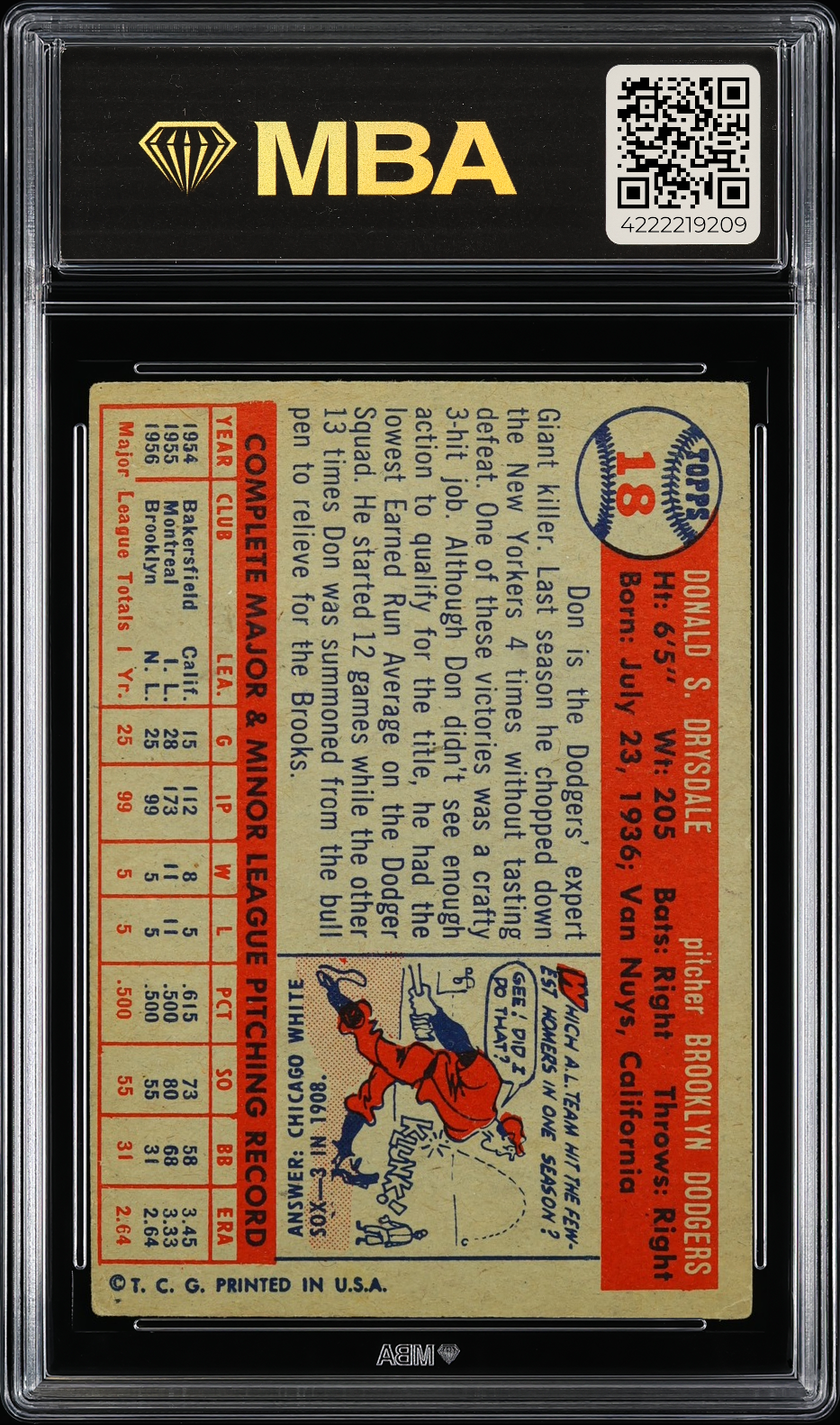 1957 Topps Don Drysdale #18 MBA 2.5 RC