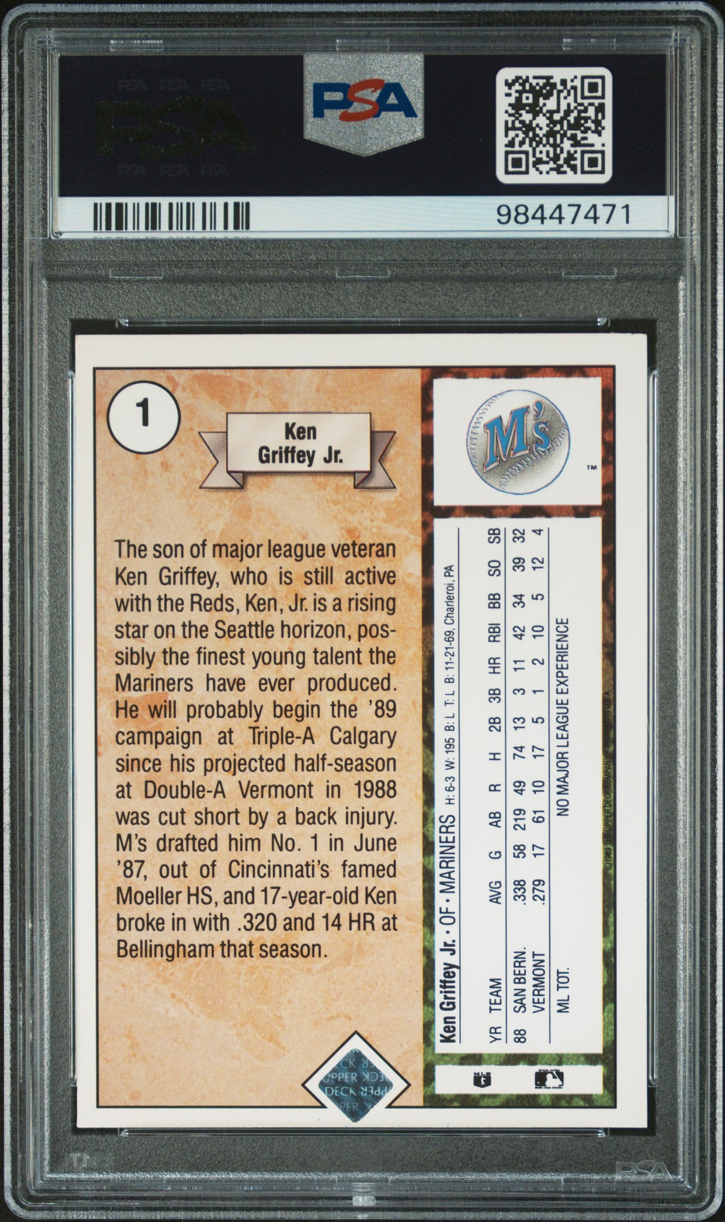 1989 Upper Deck Ken Griffey JR. #1 Star Rookie PSA 9 Auto 10
