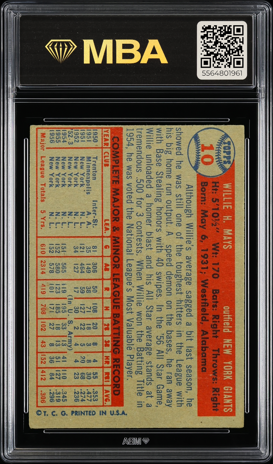 1957 Topps Willie Mays #10 MBA 4