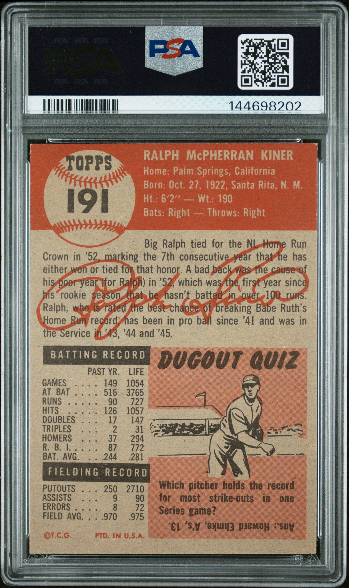 1953 Topps Ralph Kiner #191 PSA 6