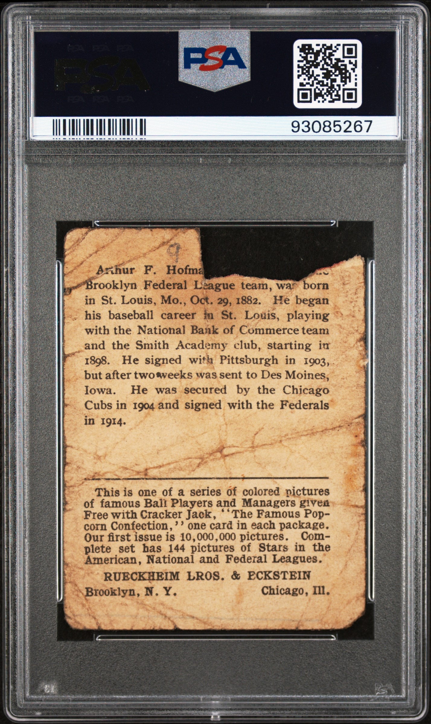 1914 Cracker Jack Artie Hoffman #9 (Hofman) PSA A