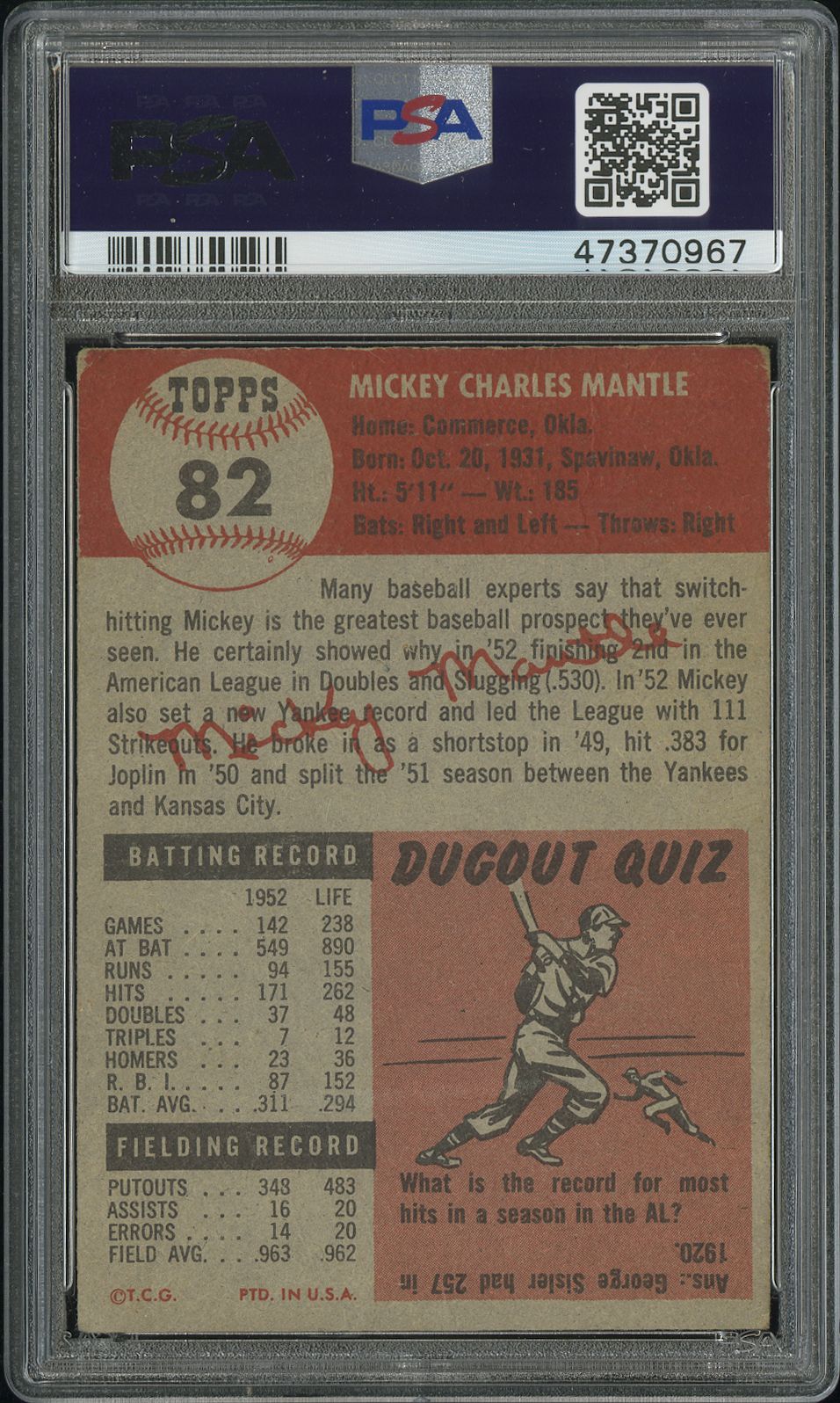 1953 Topps Mickey Mantle #82 PSA 2