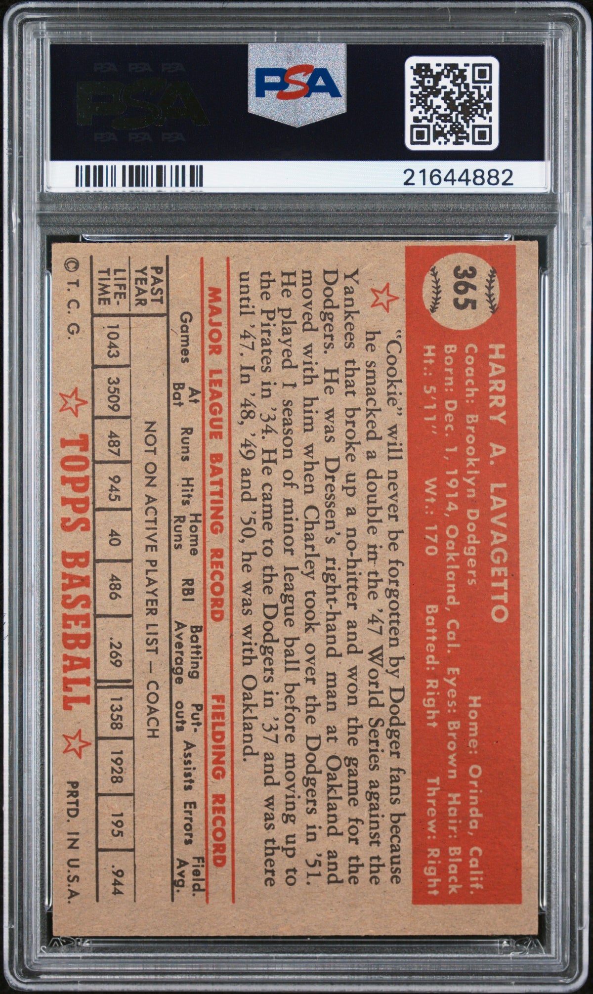 1952 Topps Cookie Lavagetto #365 PSA 8