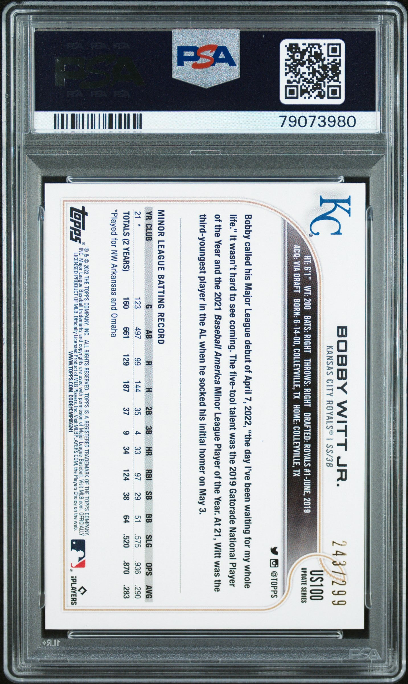 2022 Topps Update Bobby Witt JR. #US100 Orange Foil PSA 10