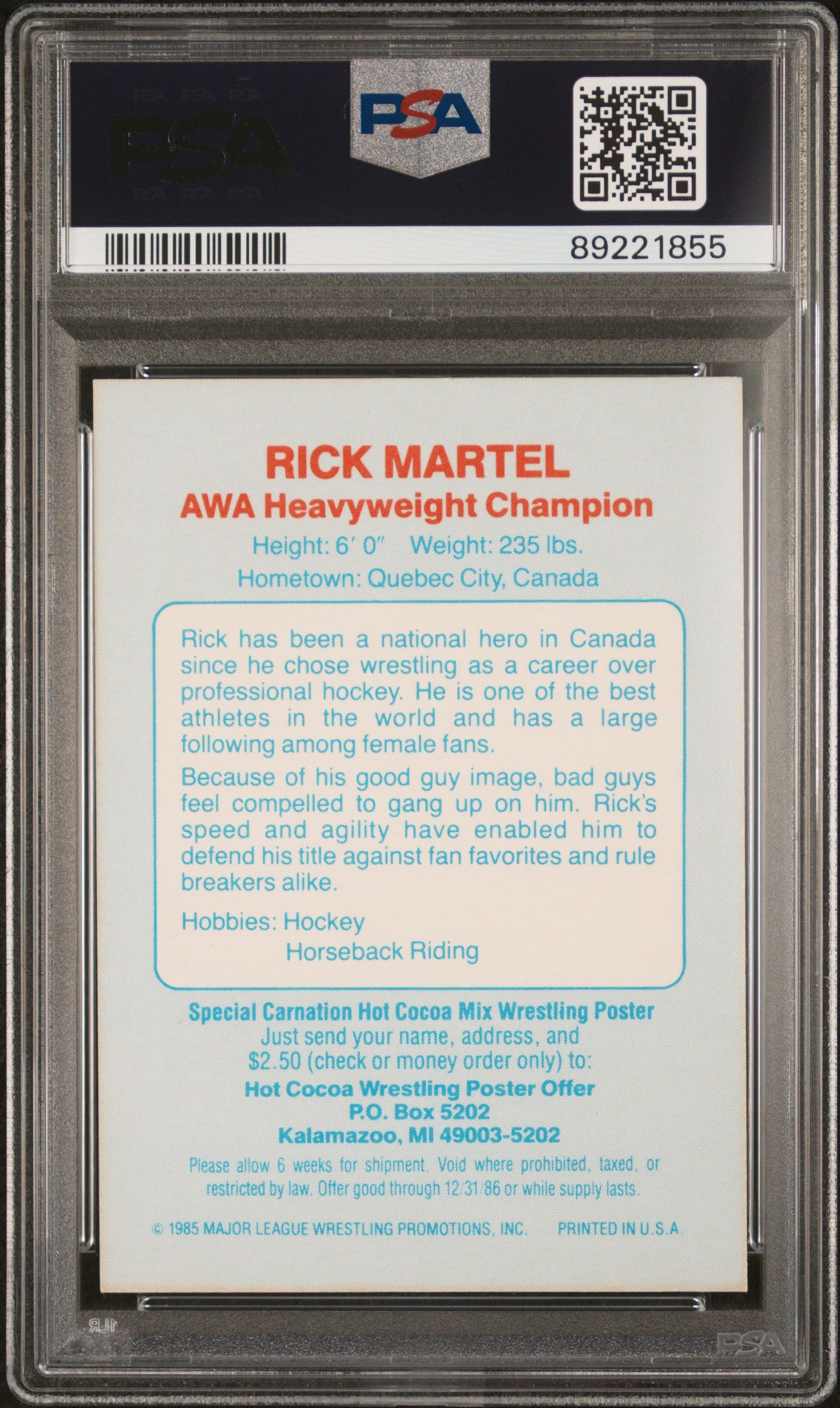 1986 Carnation Major League Wrestling Rick Martel PSA 8
