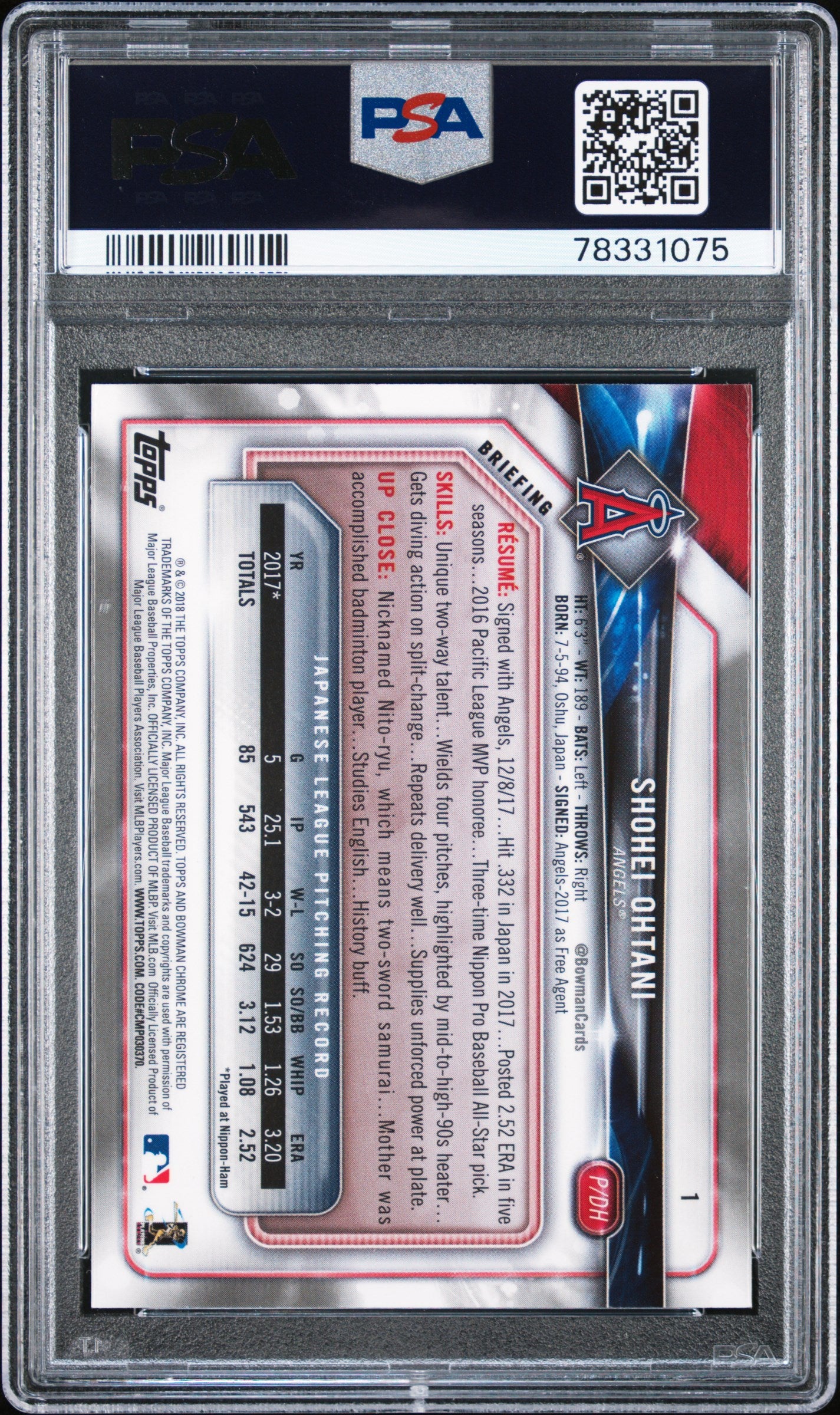 2018 Bowman Chrome Shohei Ohtani #1 PSA 10