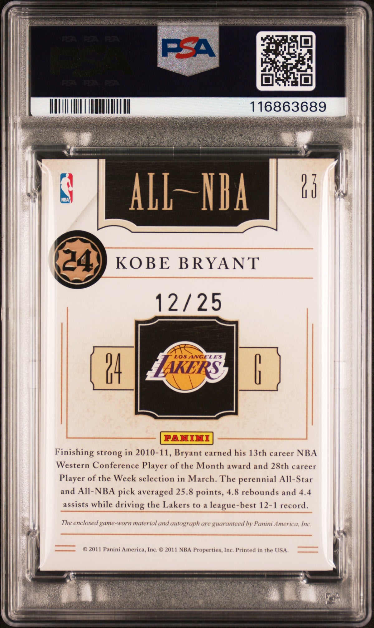 2010 Playoff National Treasures All NBA Kobe Bryant #23 SIG Mat PSA 10 Auto 10
