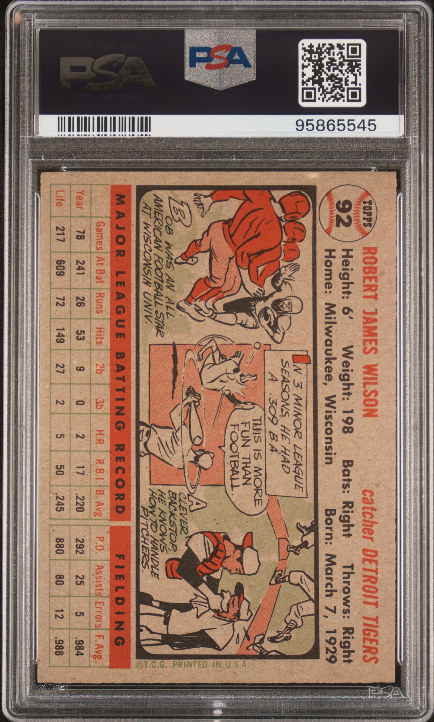 1956 Topps Red Wilson #92 Gray Back PSA 7.5